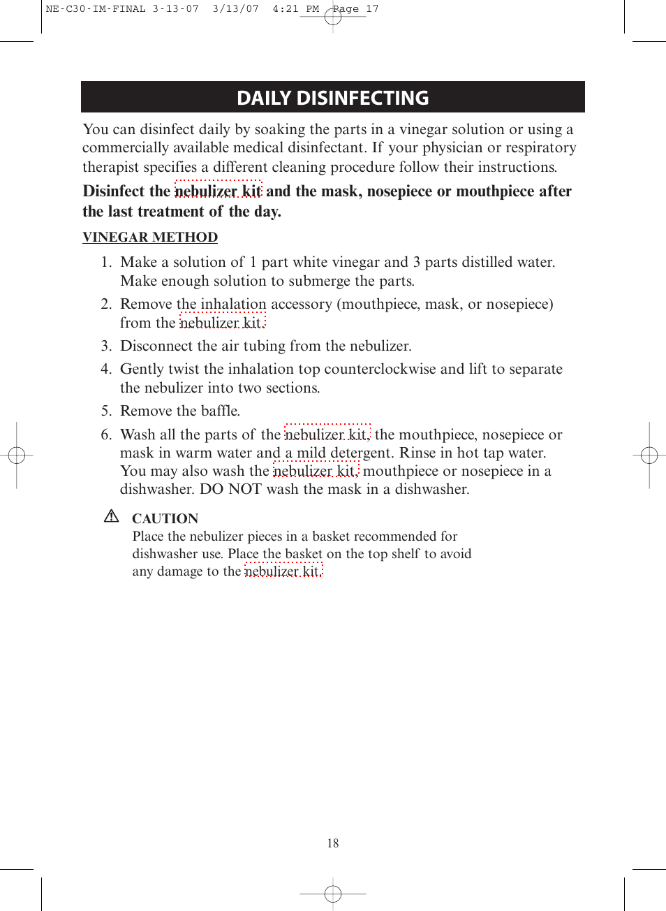 Daily disinfecting | Omron COMPACT COMPRESSOR NEBULIZER NE-C30 User Manual | Page 18 / 84