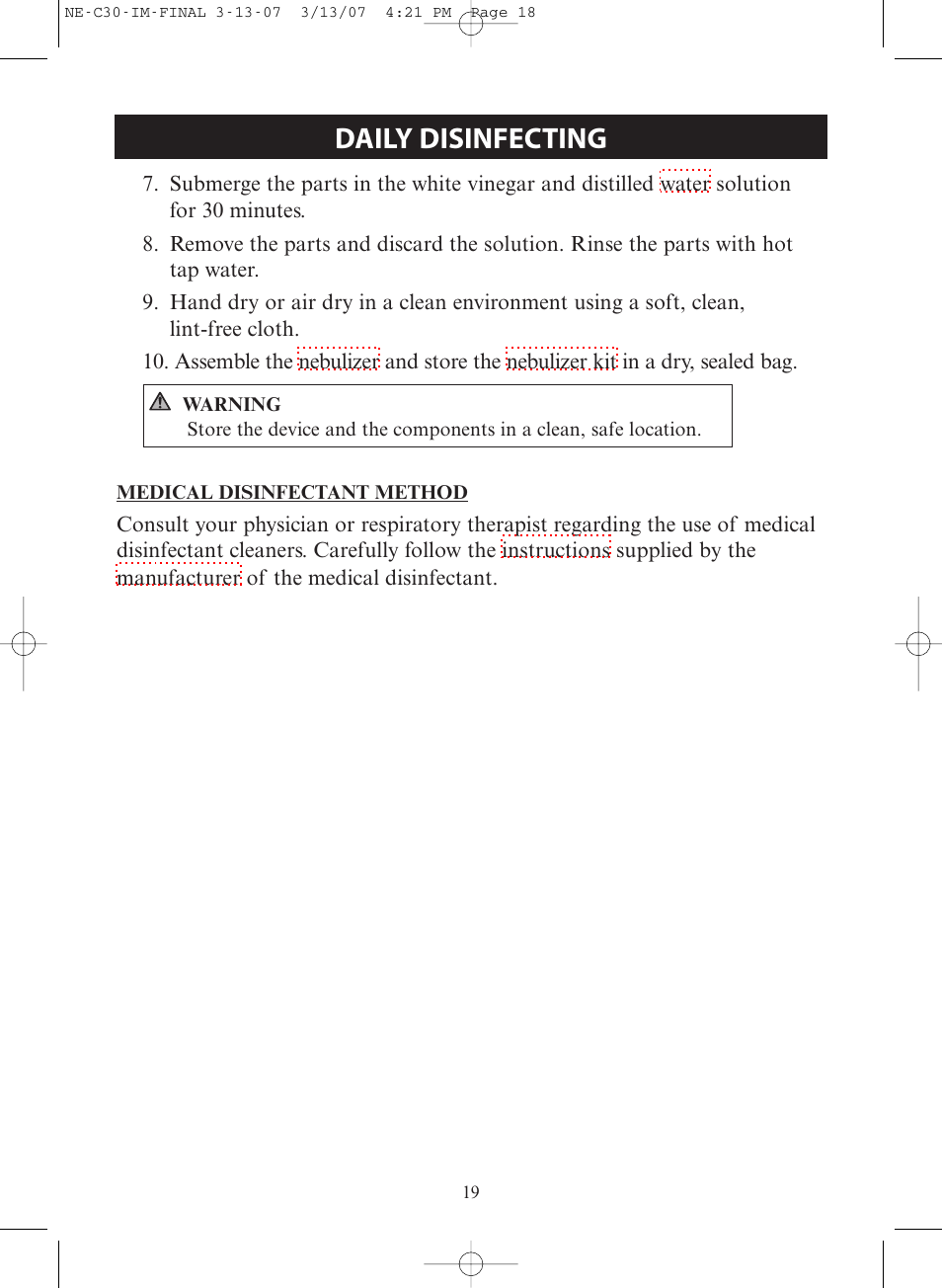 Daily disinfecting | Omron COMPACT COMPRESSOR NEBULIZER NE-C30 User Manual | Page 19 / 84