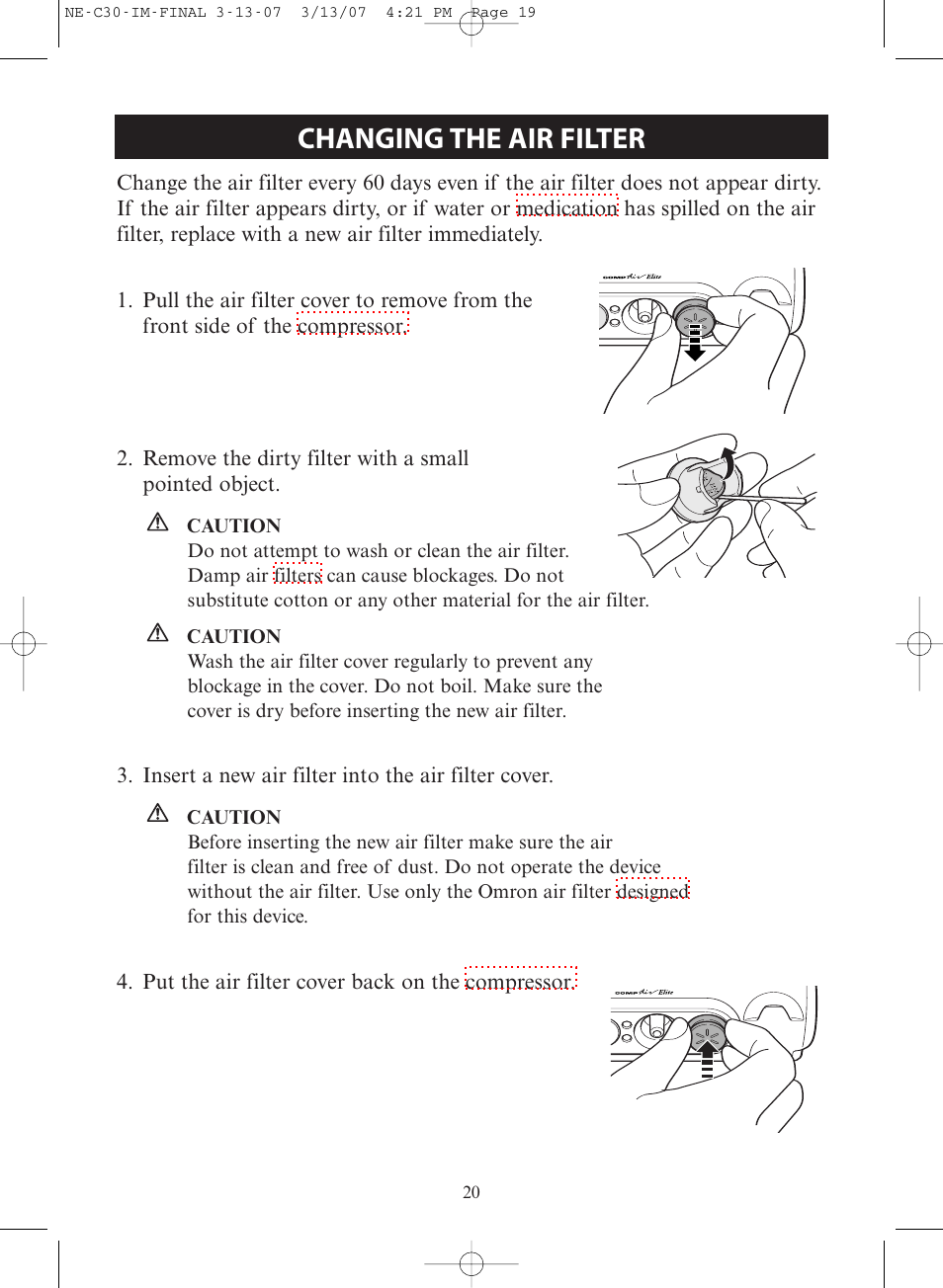 Changing the air filter | Omron COMPACT COMPRESSOR NEBULIZER NE-C30 User Manual | Page 20 / 84