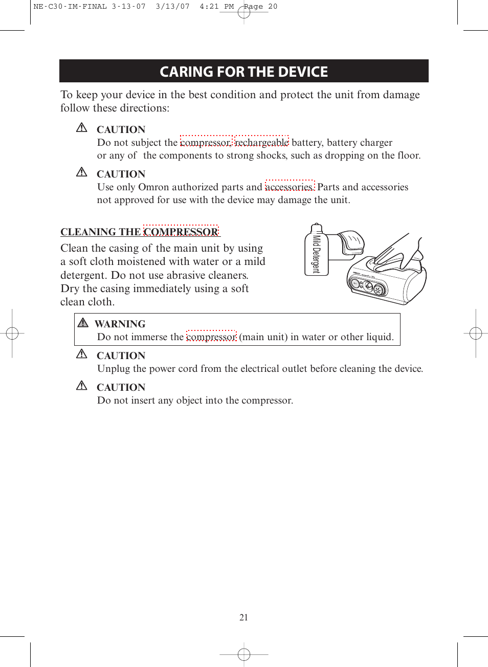 Caring for the device | Omron COMPACT COMPRESSOR NEBULIZER NE-C30 User Manual | Page 21 / 84