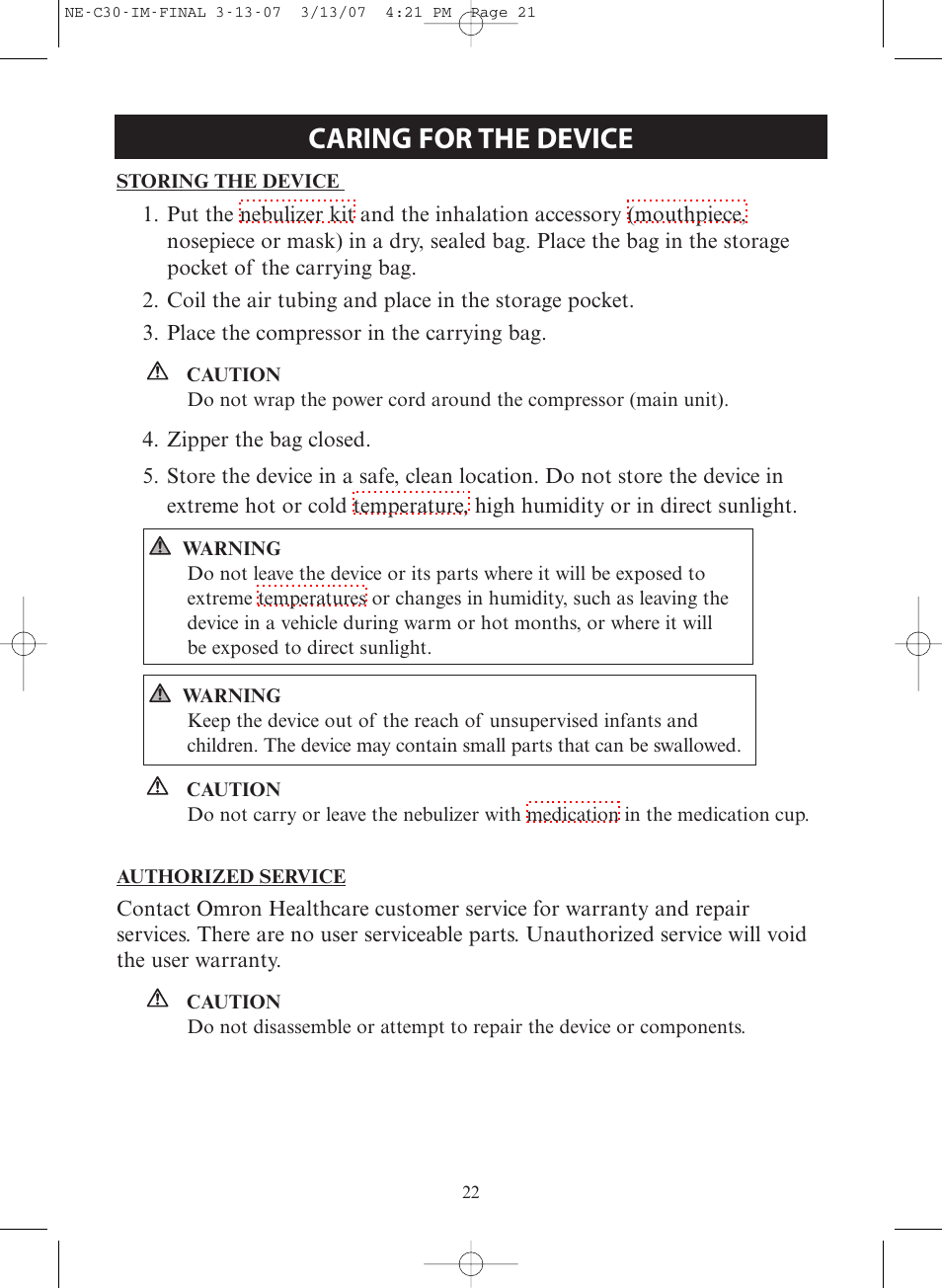 Caring for the device | Omron COMPACT COMPRESSOR NEBULIZER NE-C30 User Manual | Page 22 / 84