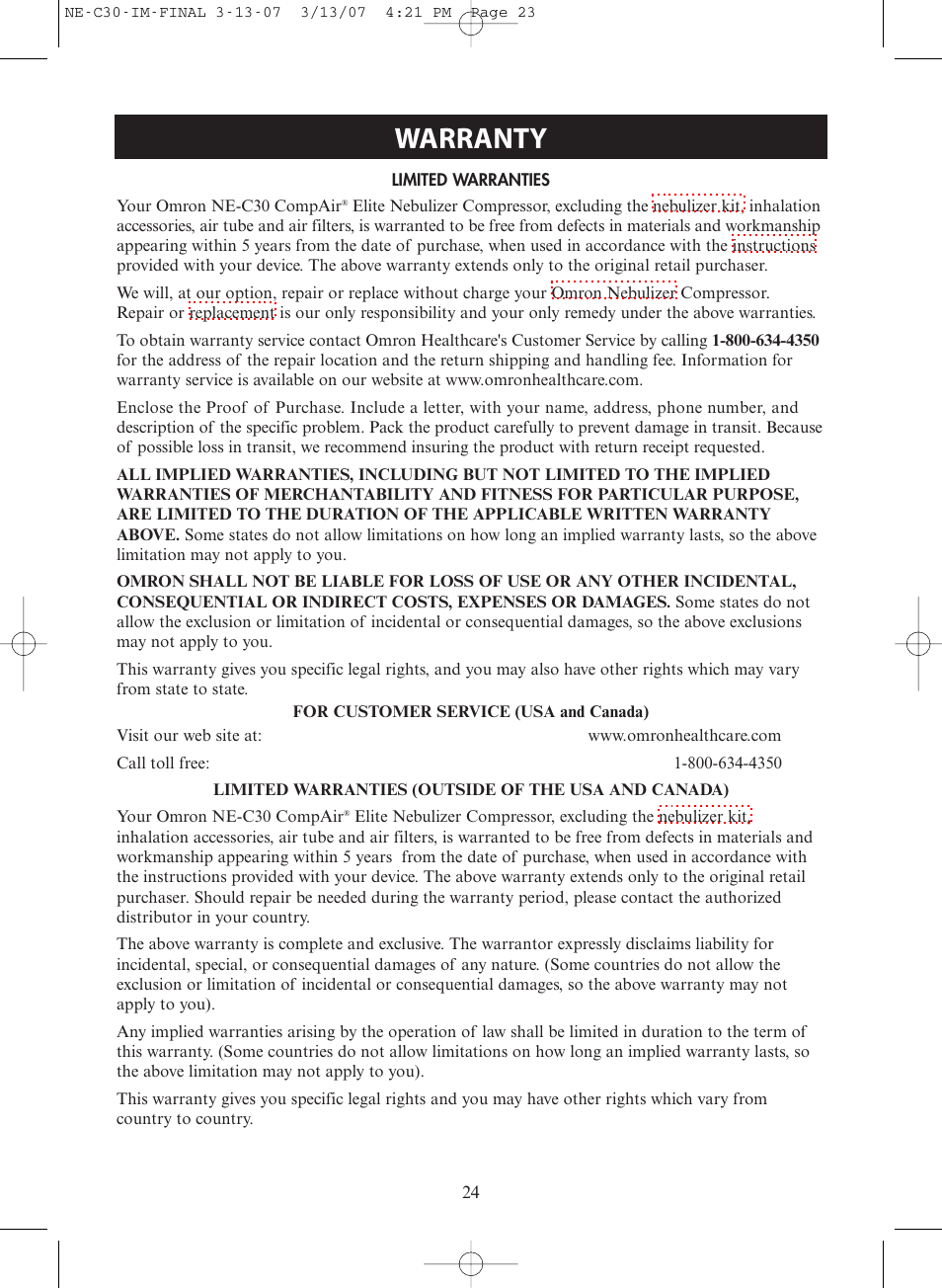 Warranty | Omron COMPACT COMPRESSOR NEBULIZER NE-C30 User Manual | Page 24 / 84