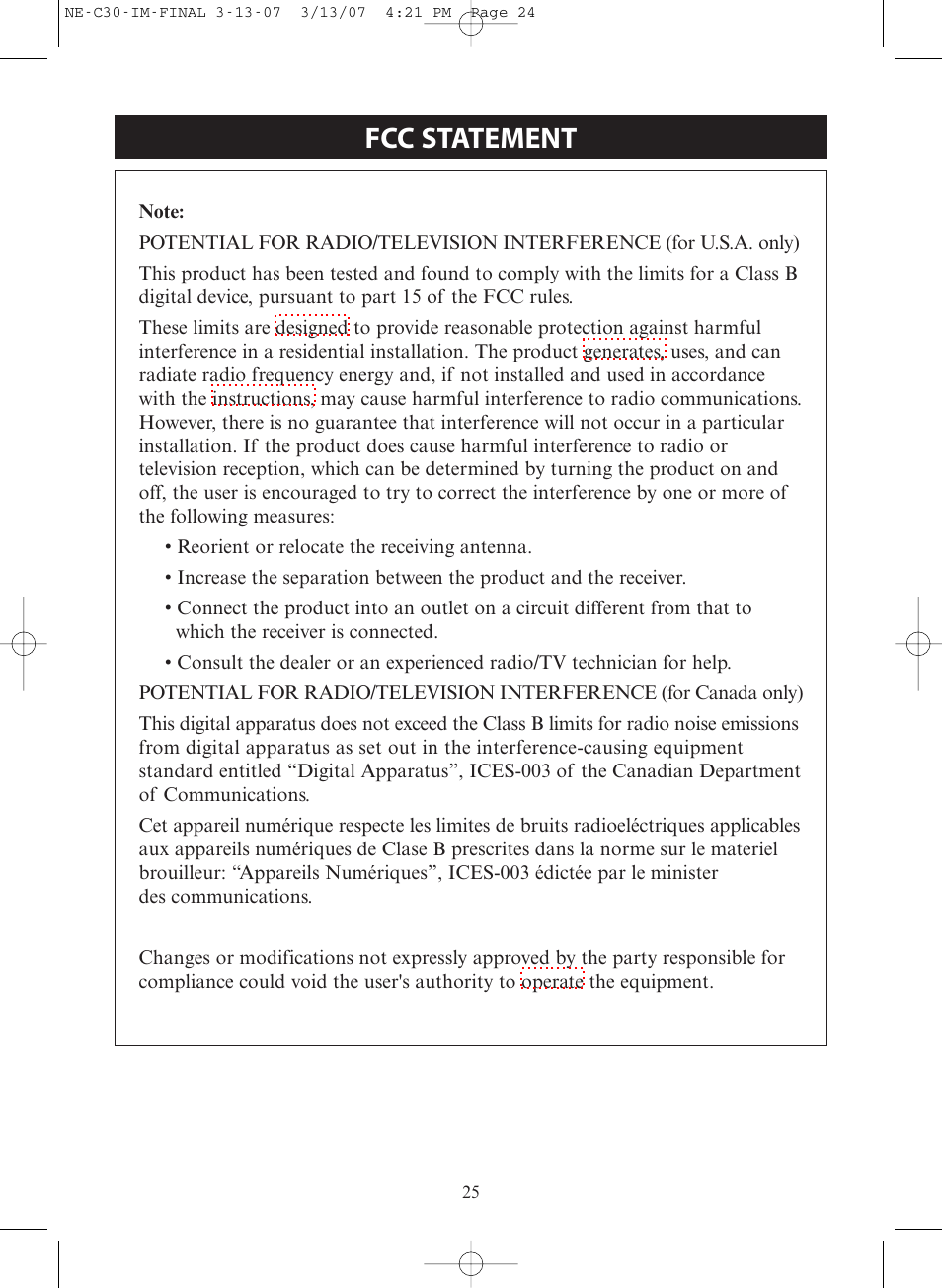 Fcc statement | Omron COMPACT COMPRESSOR NEBULIZER NE-C30 User Manual | Page 25 / 84