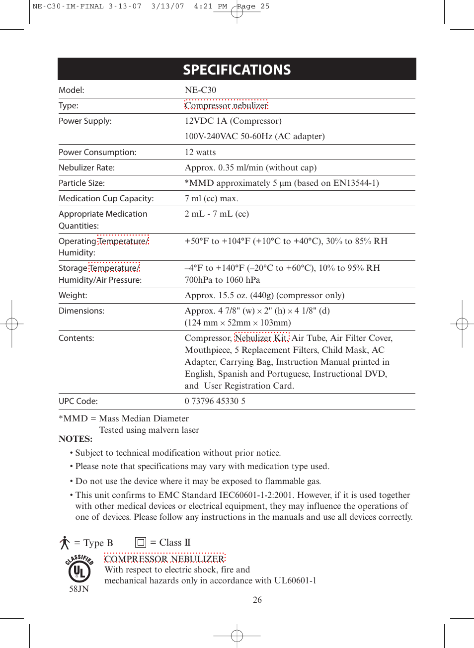 Specifications | Omron COMPACT COMPRESSOR NEBULIZER NE-C30 User Manual | Page 26 / 84