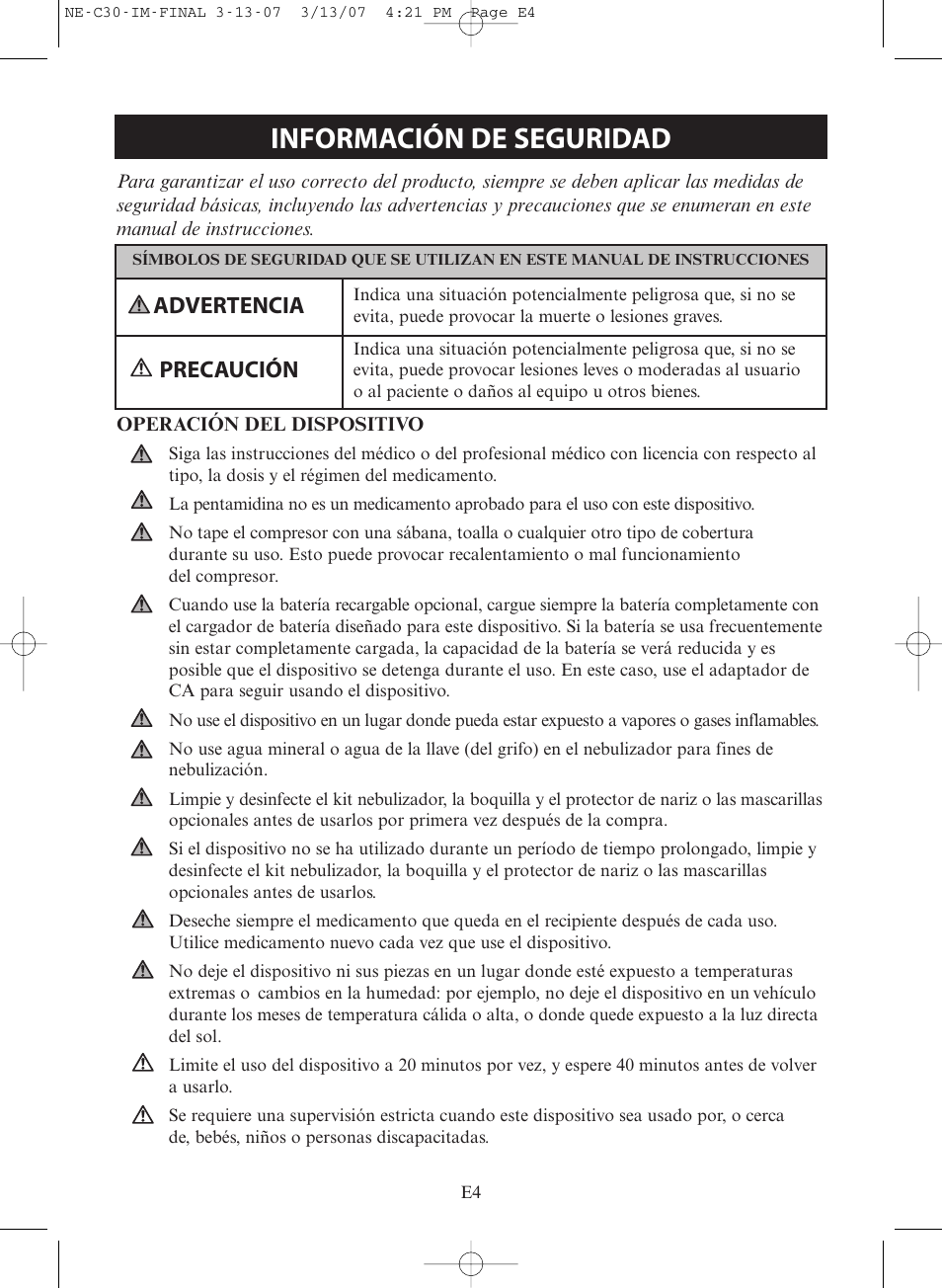 Información de seguridad, Advertencia, Precaución | Omron COMPACT COMPRESSOR NEBULIZER NE-C30 User Manual | Page 32 / 84