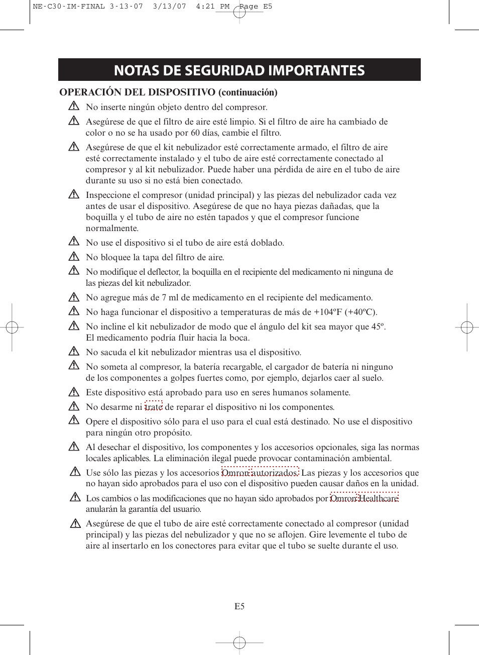 Notas de seguridad importantes | Omron COMPACT COMPRESSOR NEBULIZER NE-C30 User Manual | Page 33 / 84