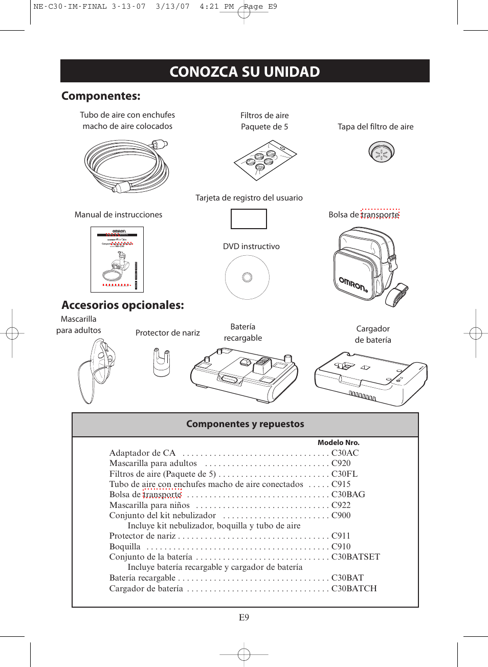 Conozca su unidad, Componentes: accesorios opcionales, Componentes y repuestos | Omron COMPACT COMPRESSOR NEBULIZER NE-C30 User Manual | Page 37 / 84