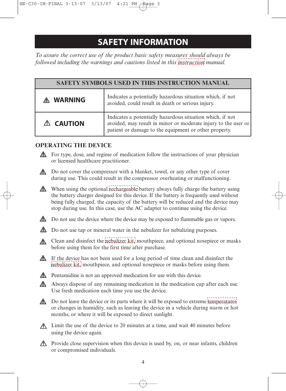 Safety information, Warning, Caution | Omron COMPACT COMPRESSOR NEBULIZER NE-C30 User Manual | Page 4 / 84