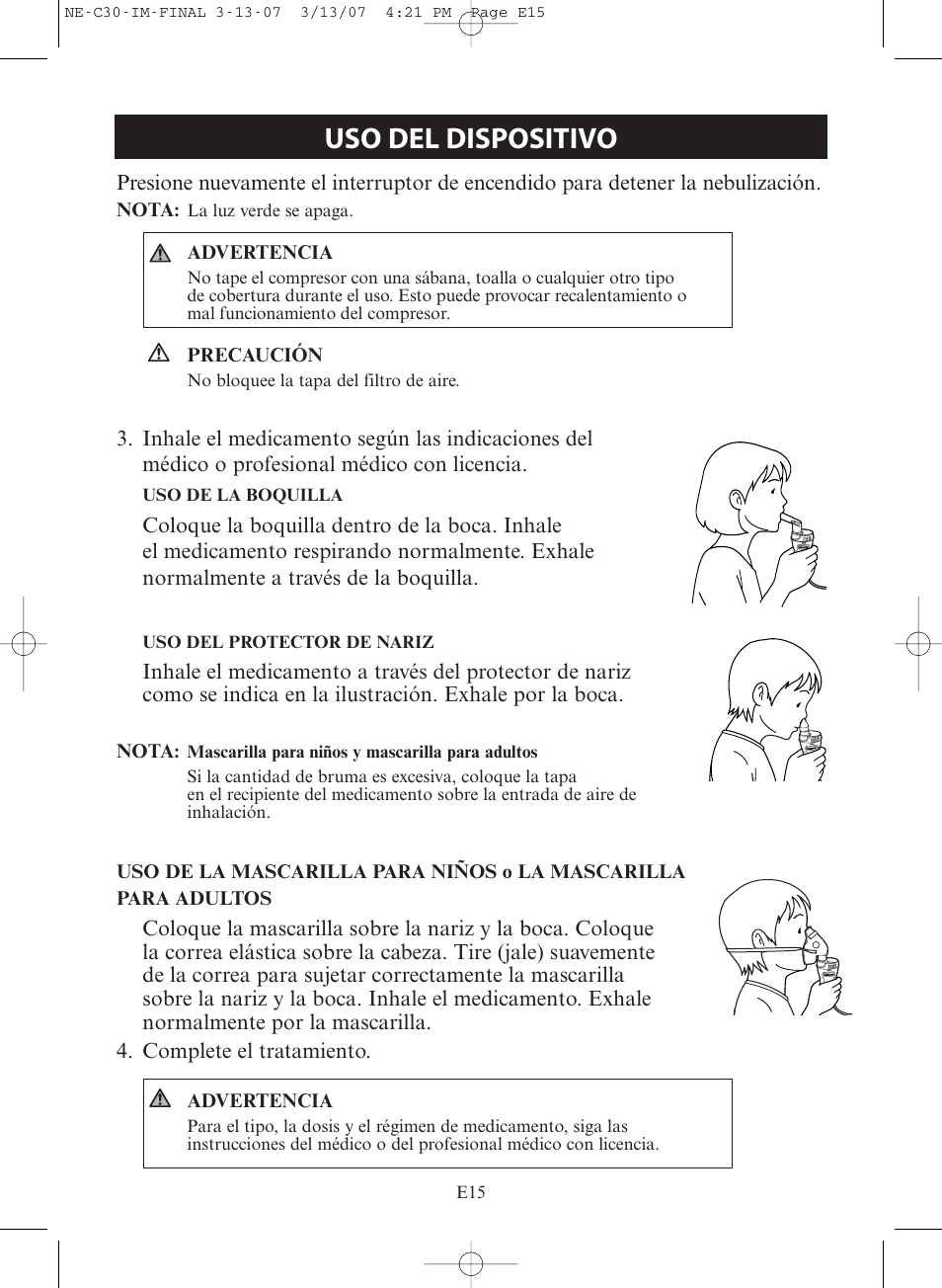 Uso del dispositivo | Omron COMPACT COMPRESSOR NEBULIZER NE-C30 User Manual | Page 43 / 84