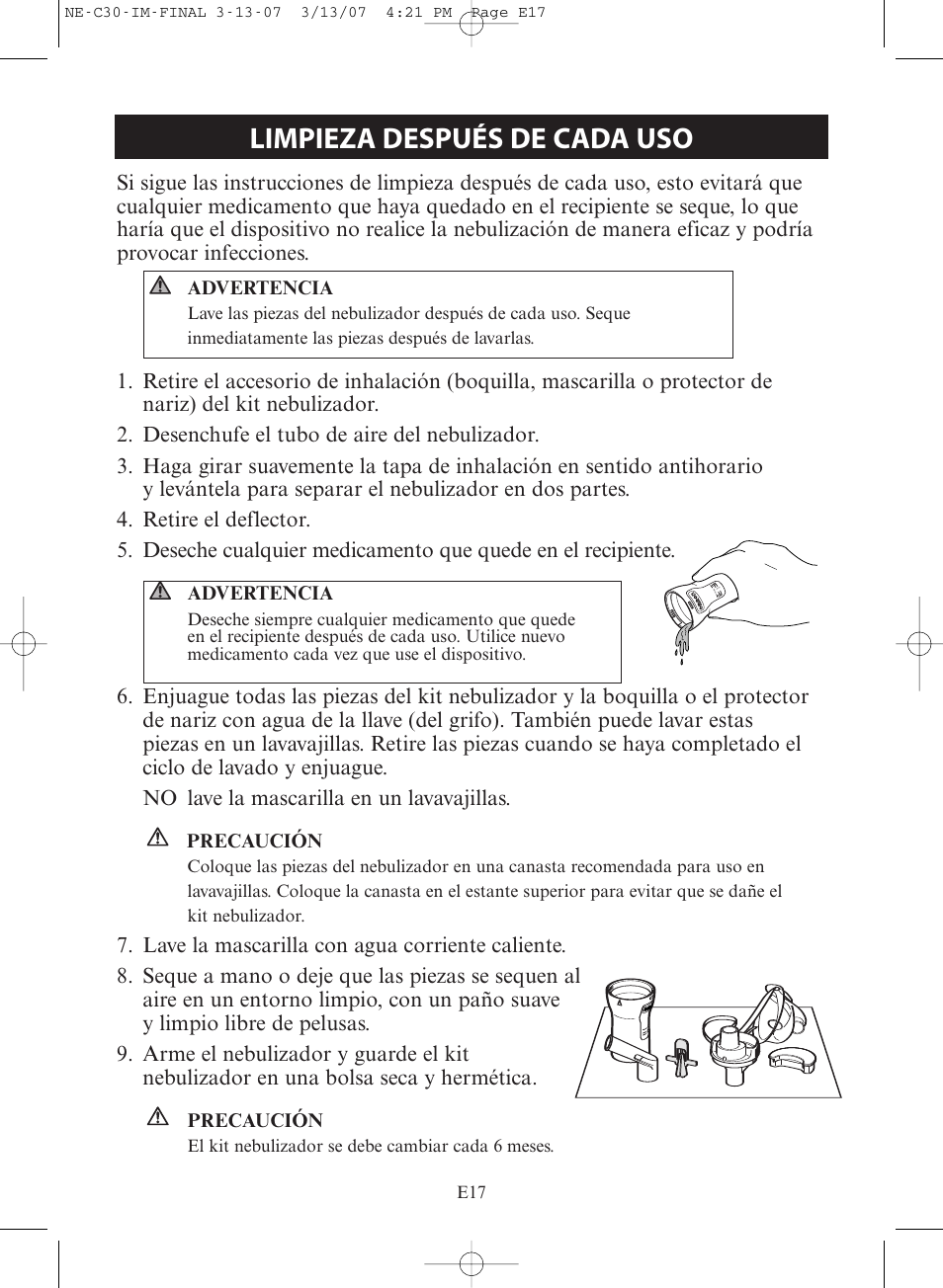 Limpieza después de cada uso | Omron COMPACT COMPRESSOR NEBULIZER NE-C30 User Manual | Page 45 / 84