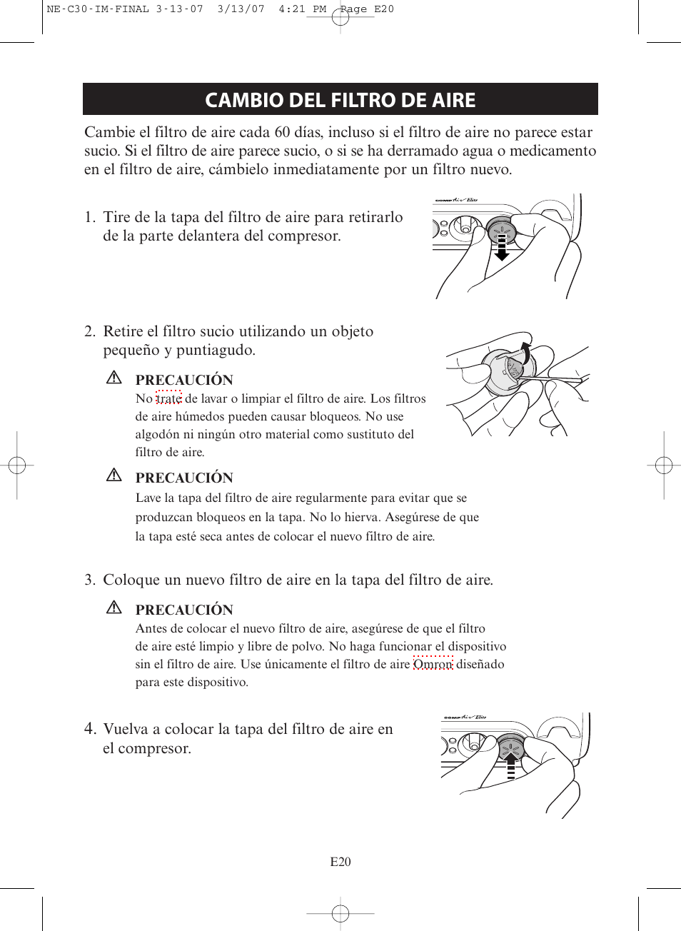 Cambio del filtro de aire | Omron COMPACT COMPRESSOR NEBULIZER NE-C30 User Manual | Page 48 / 84