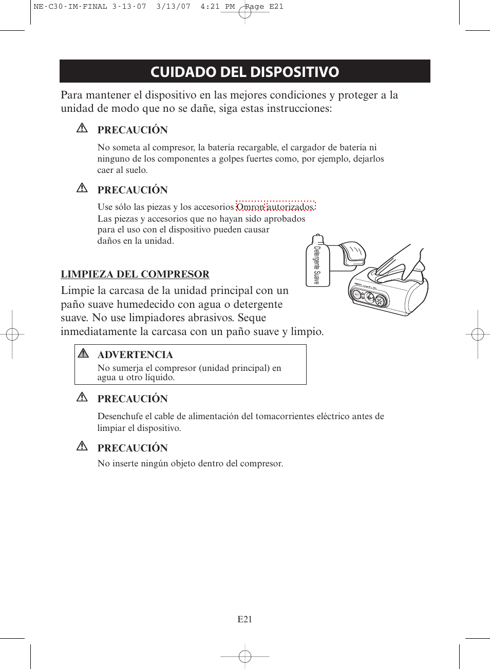 Cuidado del dispositivo | Omron COMPACT COMPRESSOR NEBULIZER NE-C30 User Manual | Page 49 / 84