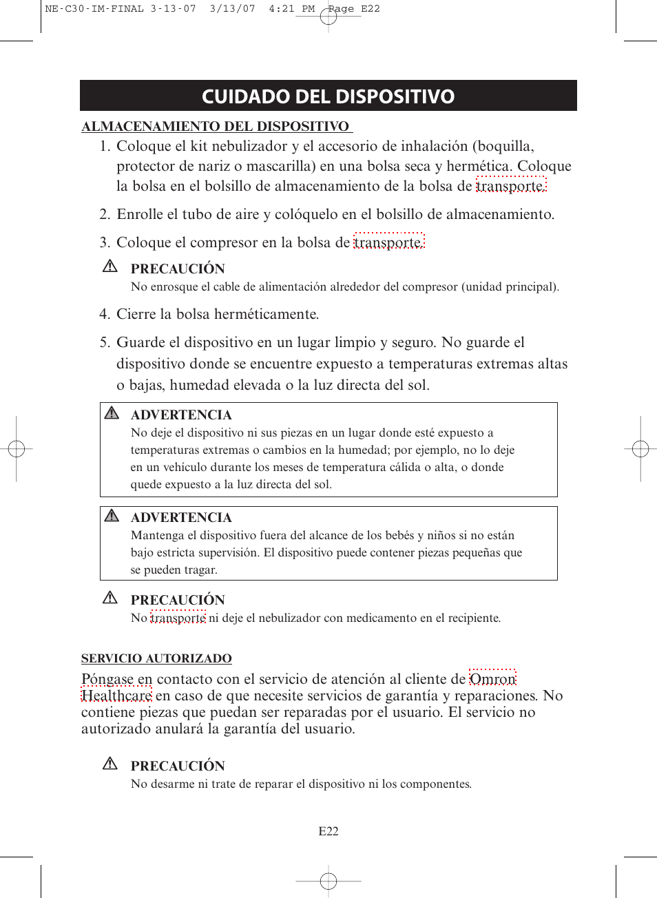 Cuidado del dispositivo | Omron COMPACT COMPRESSOR NEBULIZER NE-C30 User Manual | Page 50 / 84