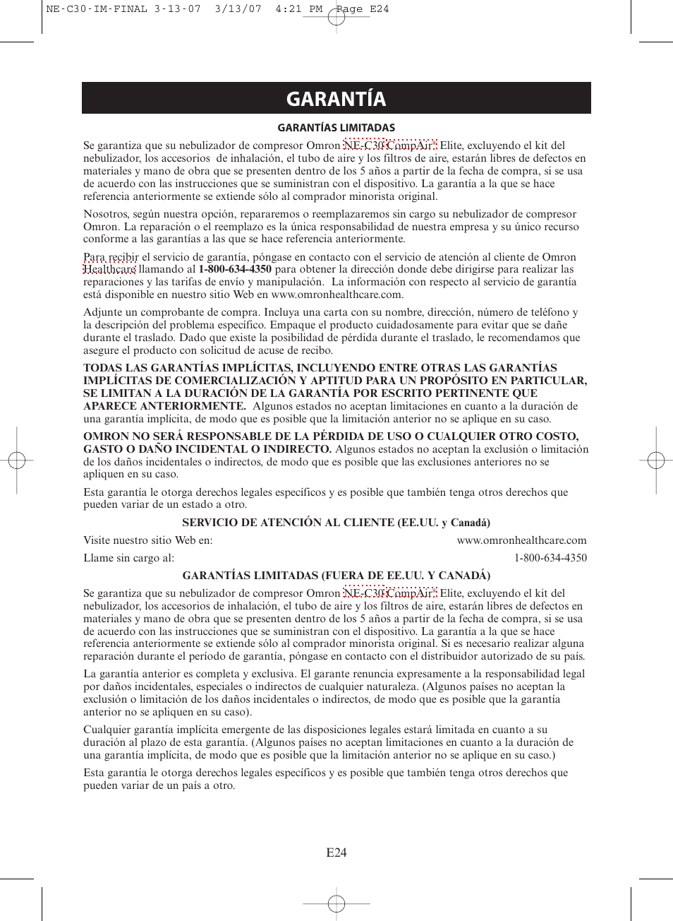 Garantía | Omron COMPACT COMPRESSOR NEBULIZER NE-C30 User Manual | Page 52 / 84