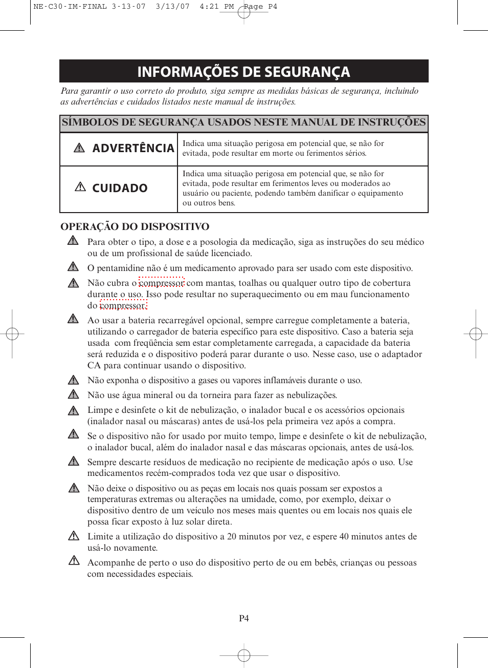 Informações de segurança, Advertência, Cuidado | Omron COMPACT COMPRESSOR NEBULIZER NE-C30 User Manual | Page 60 / 84