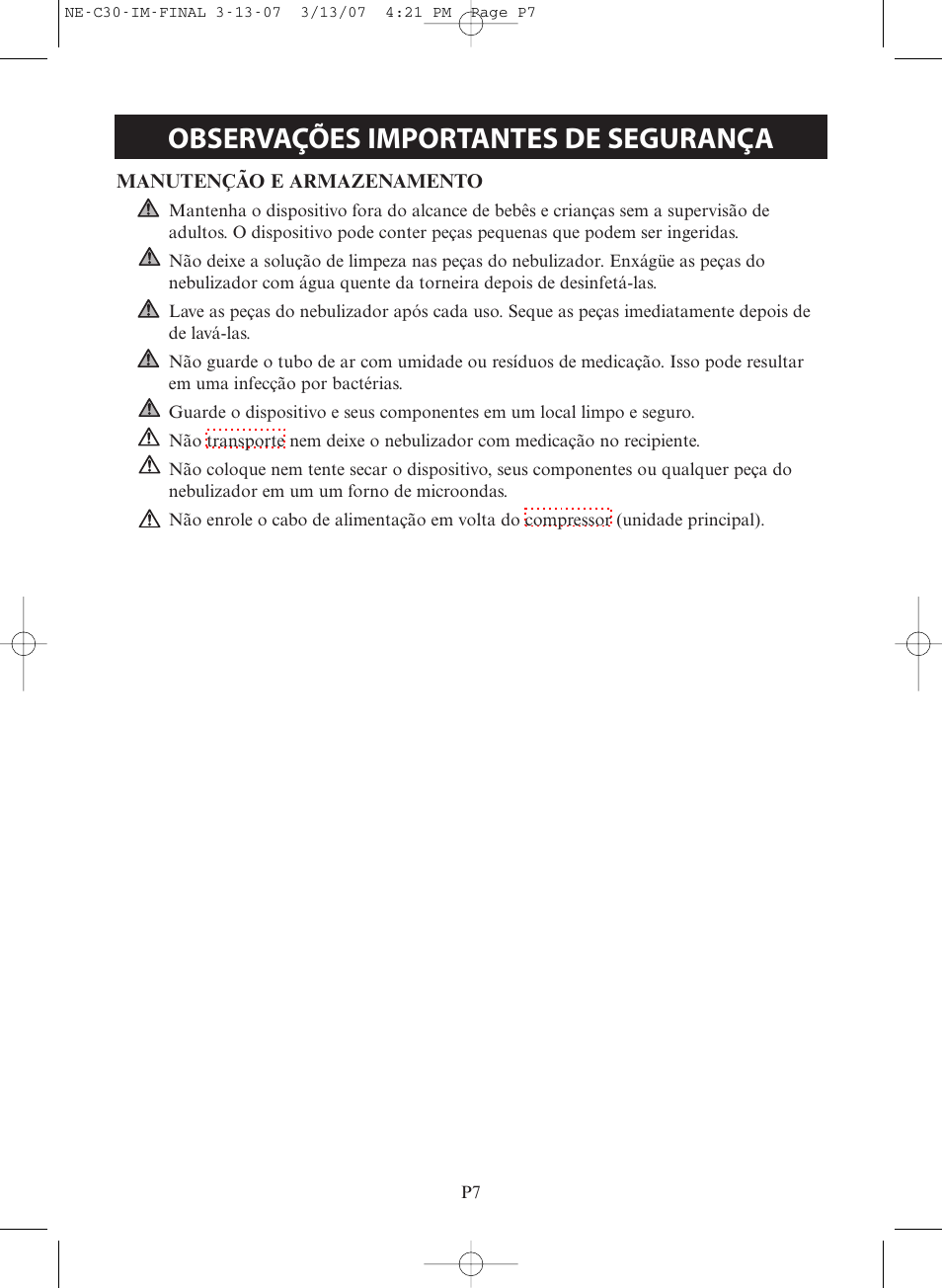 Observações importantes de segurança | Omron COMPACT COMPRESSOR NEBULIZER NE-C30 User Manual | Page 63 / 84