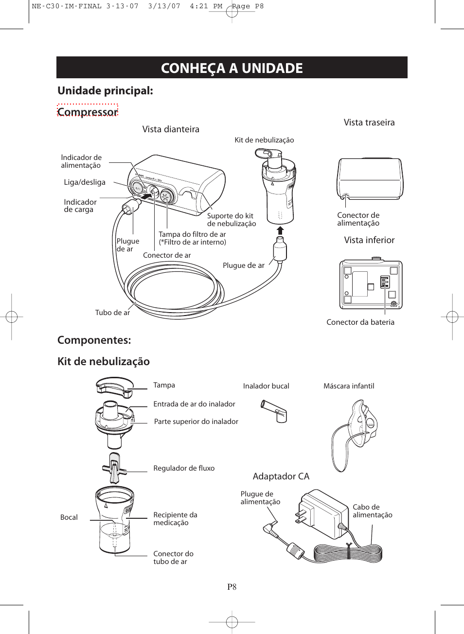 Conheça a unidade, Vista dianteira vista traseira adaptador ca, Vista inferior | Omron COMPACT COMPRESSOR NEBULIZER NE-C30 User Manual | Page 64 / 84