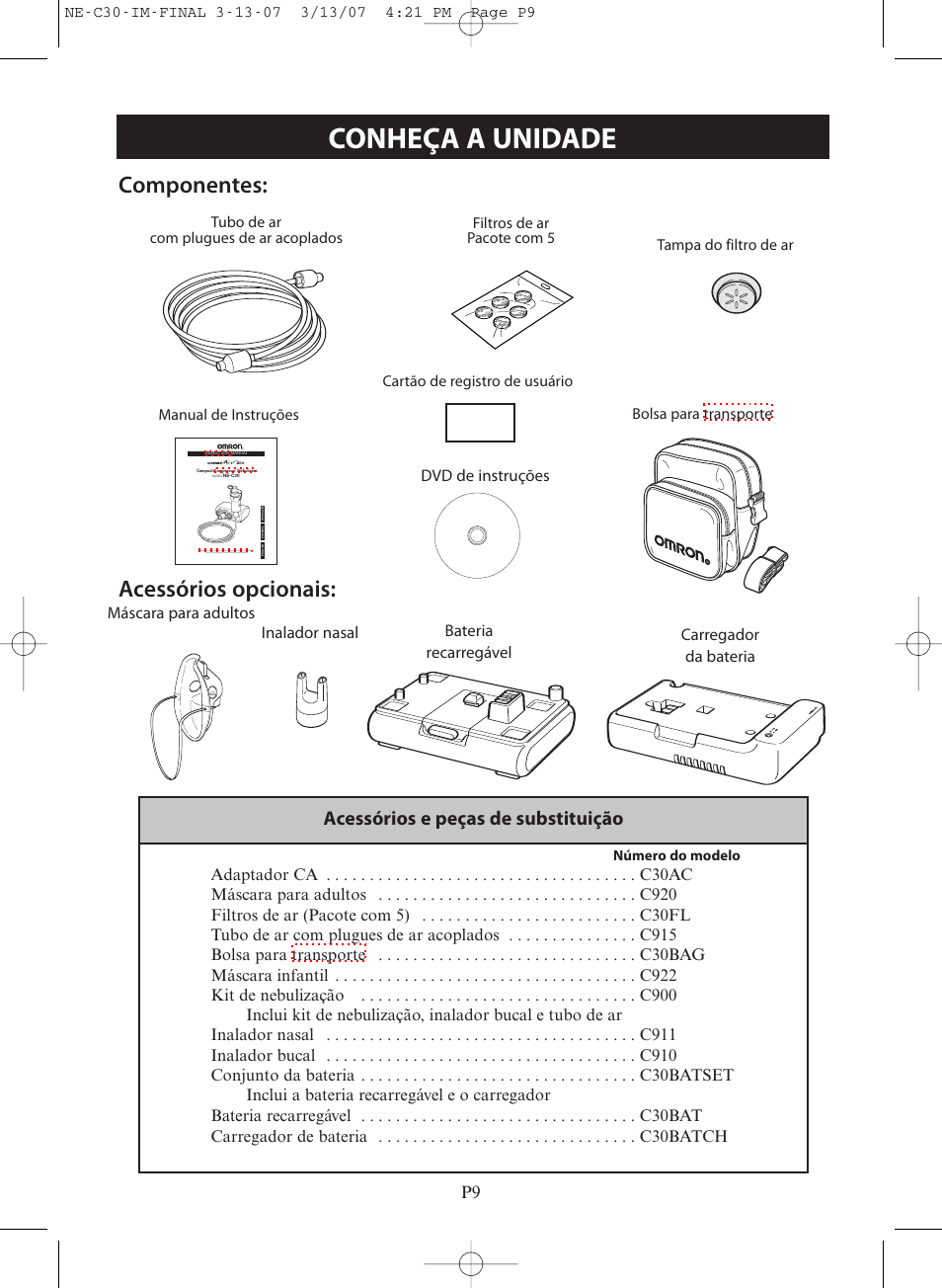 Conheça a unidade, Componentes: acessórios opcionais, Acessórios e peças de substituição | Omron COMPACT COMPRESSOR NEBULIZER NE-C30 User Manual | Page 65 / 84