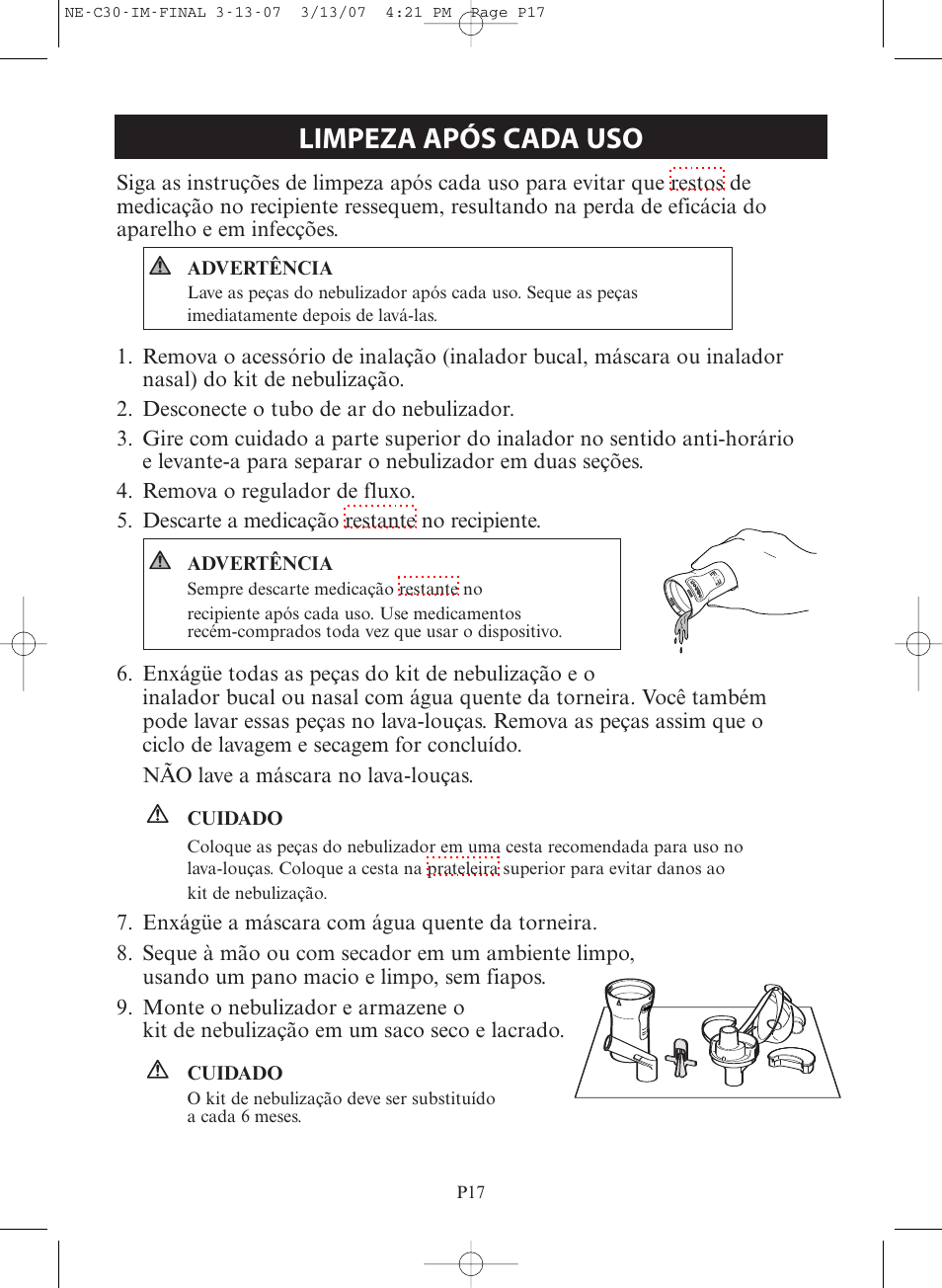 Limpeza após cada uso, Cuidados e manutenção | Omron COMPACT COMPRESSOR NEBULIZER NE-C30 User Manual | Page 73 / 84