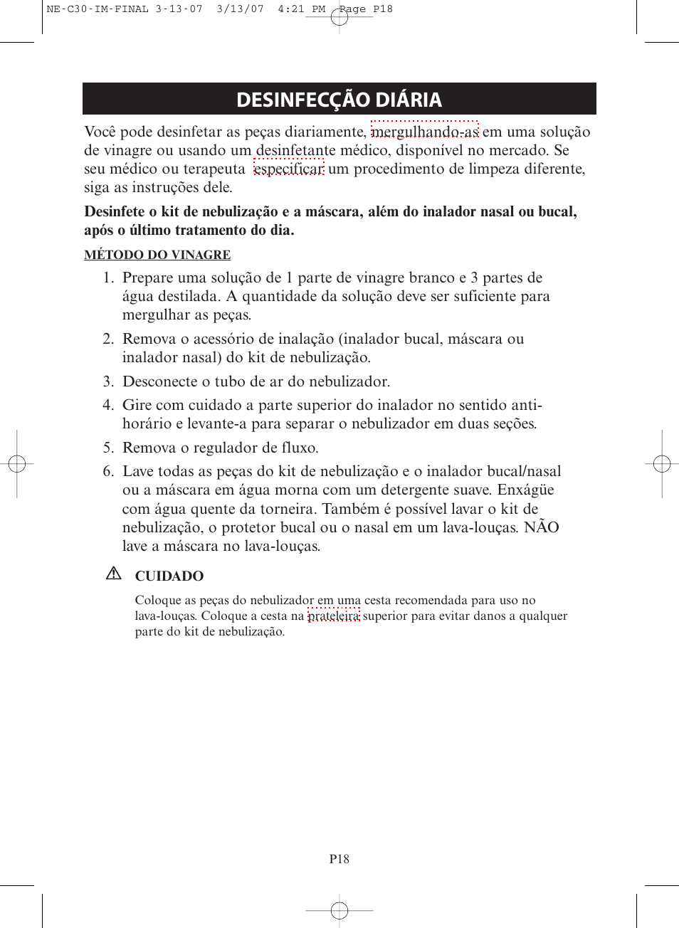 Desinfecção diária | Omron COMPACT COMPRESSOR NEBULIZER NE-C30 User Manual | Page 74 / 84