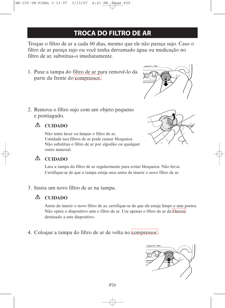 Troca do filtro de ar | Omron COMPACT COMPRESSOR NEBULIZER NE-C30 User Manual | Page 76 / 84