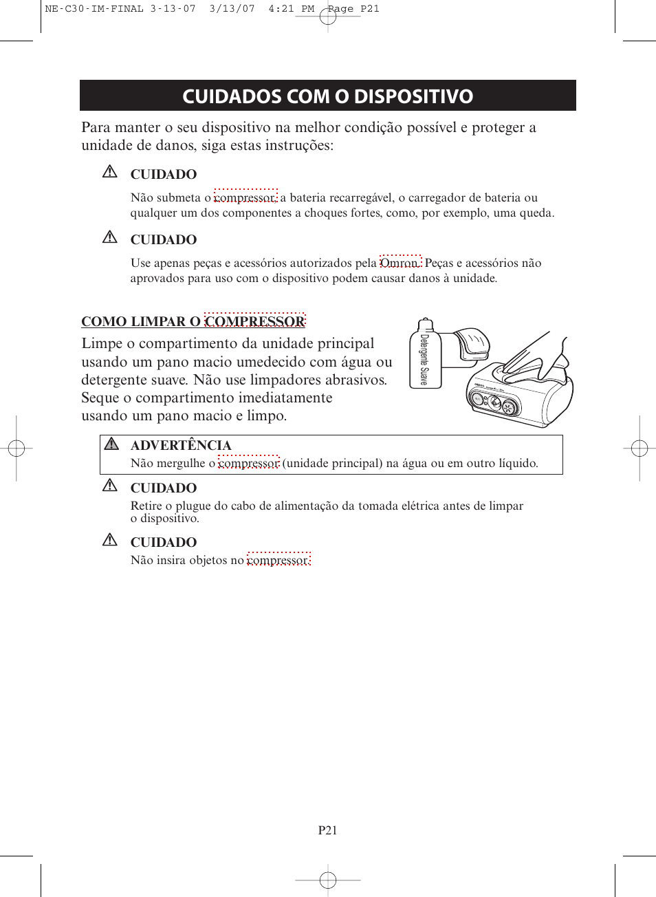 Cuidados com o dispositivo | Omron COMPACT COMPRESSOR NEBULIZER NE-C30 User Manual | Page 77 / 84
