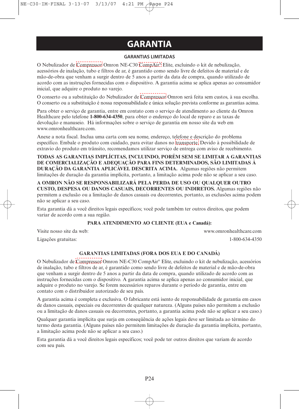 Garantia | Omron COMPACT COMPRESSOR NEBULIZER NE-C30 User Manual | Page 80 / 84
