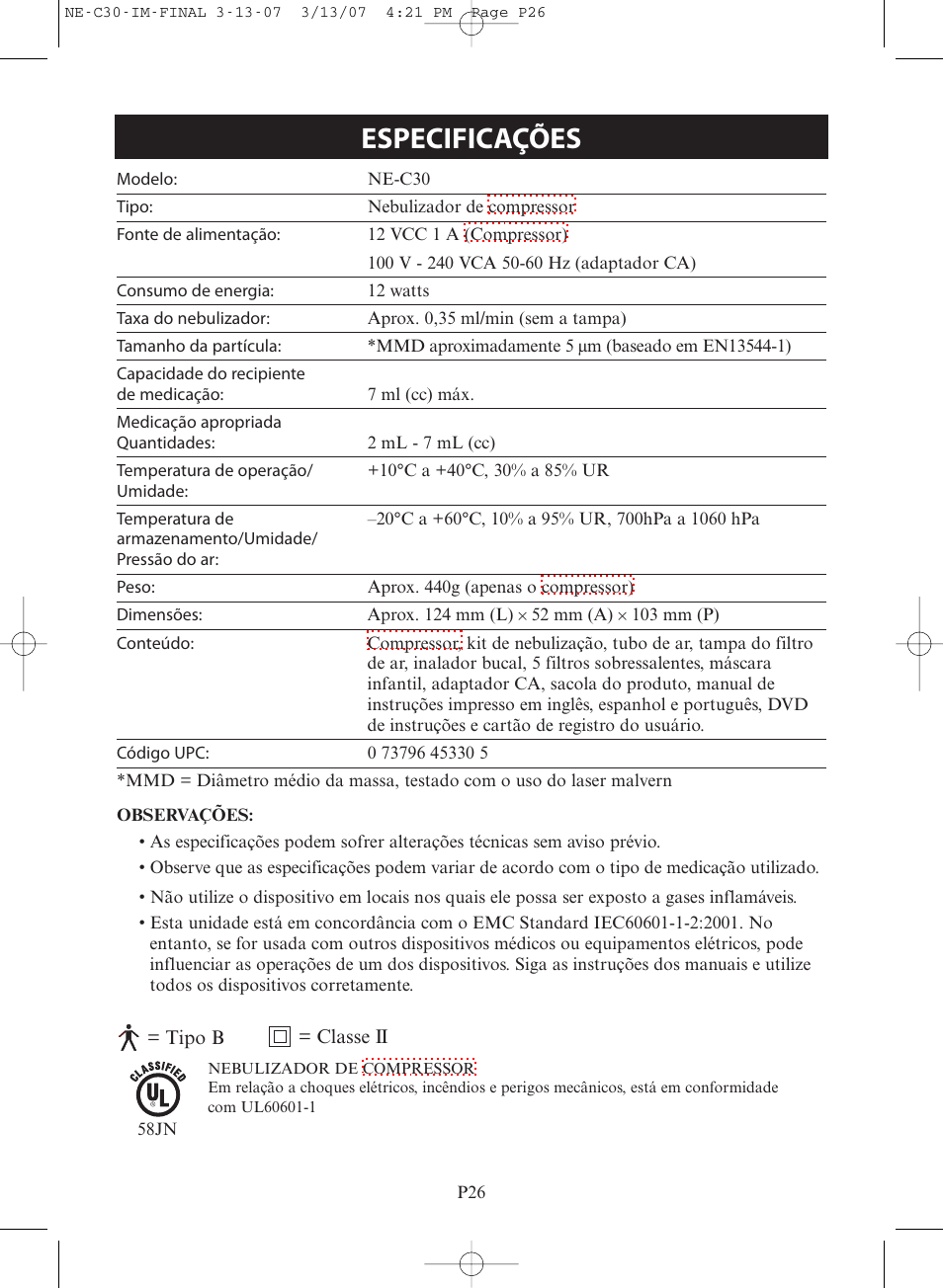 Especificações | Omron COMPACT COMPRESSOR NEBULIZER NE-C30 User Manual | Page 82 / 84