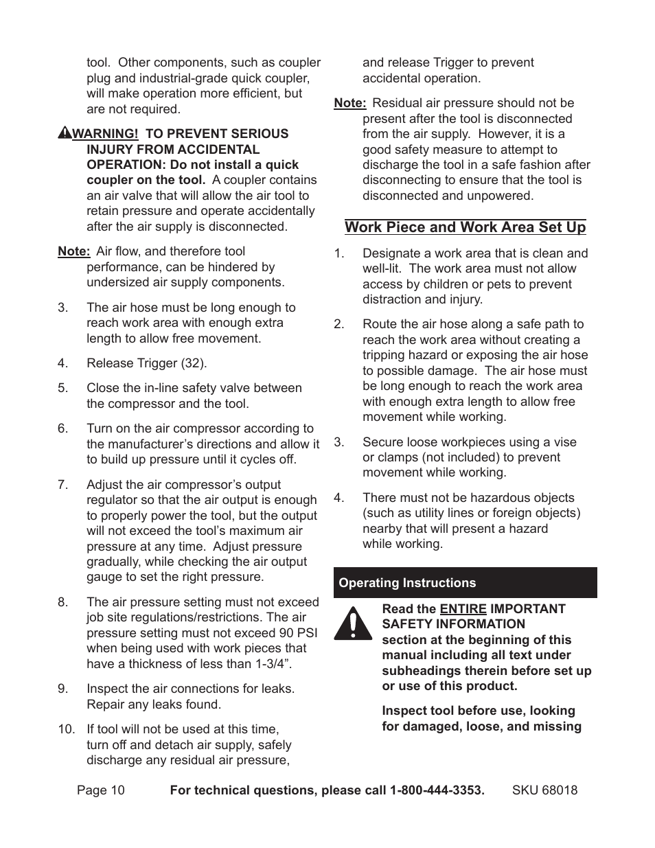 Operating instructions | OxiBrands 1/4" 18 Gauge Crown Air Stapler 68018 User Manual | Page 10 / 18