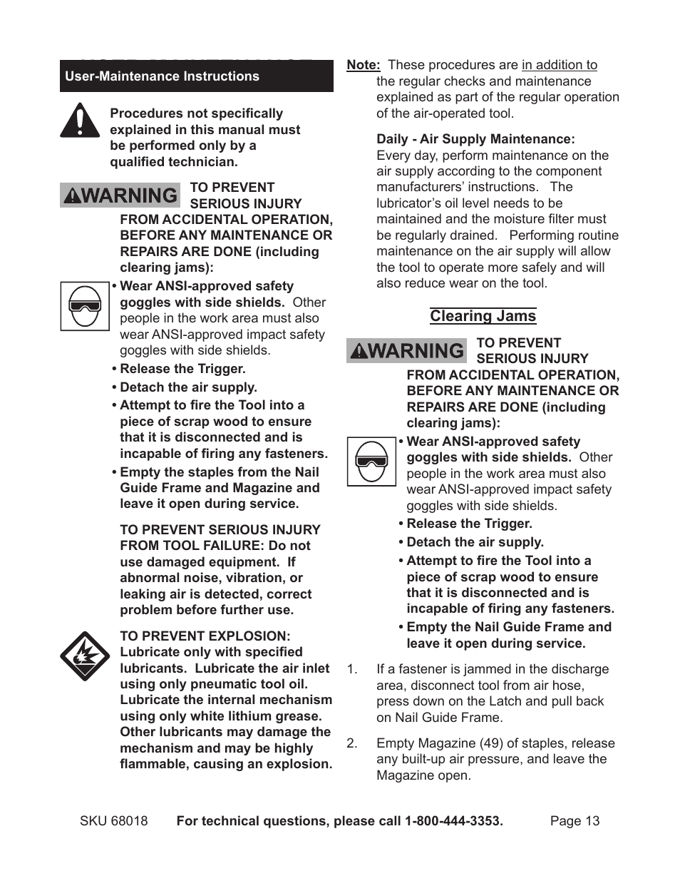 User-maintenance | OxiBrands 1/4" 18 Gauge Crown Air Stapler 68018 User Manual | Page 13 / 18