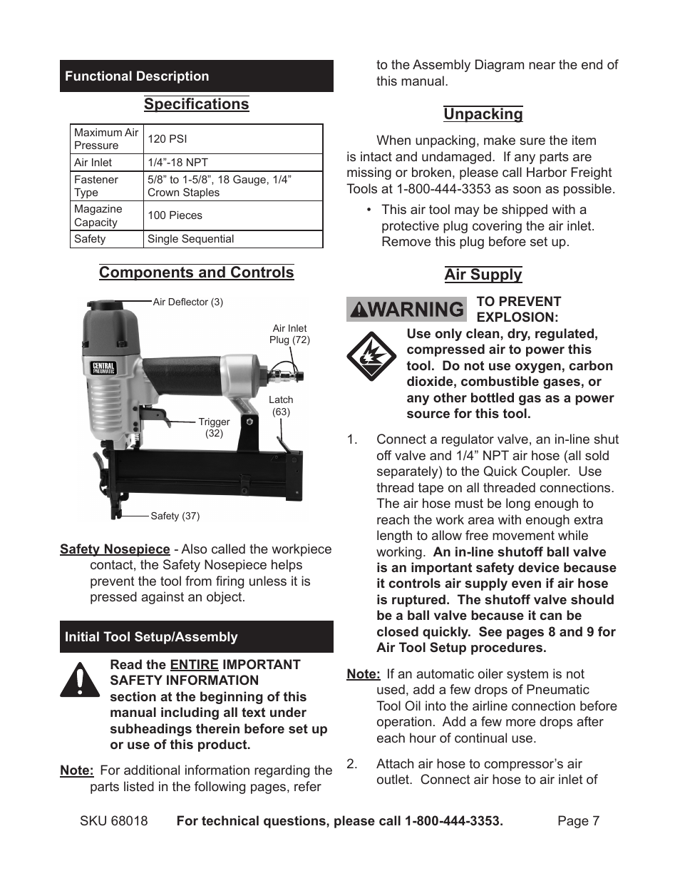 Functional description, Initial set up/assembly, Specifications | Components and controls, Unpacking, Air supply | OxiBrands 1/4" 18 Gauge Crown Air Stapler 68018 User Manual | Page 7 / 18