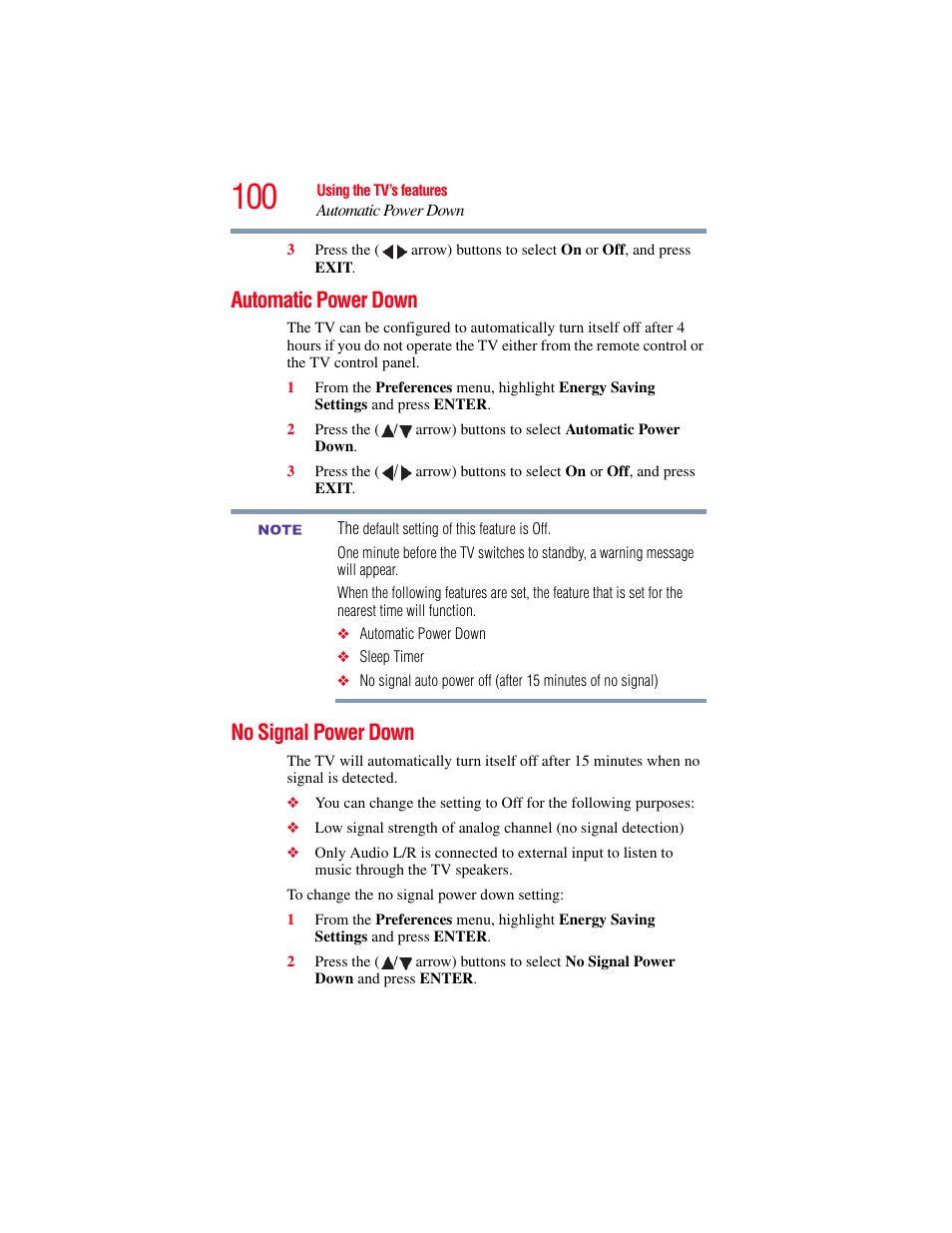 Automatic power down, No signal power down, Automatic power down no signal power down | OxiBrands Integrated High Definition LCD Television 40E220U User Manual | Page 100 / 130