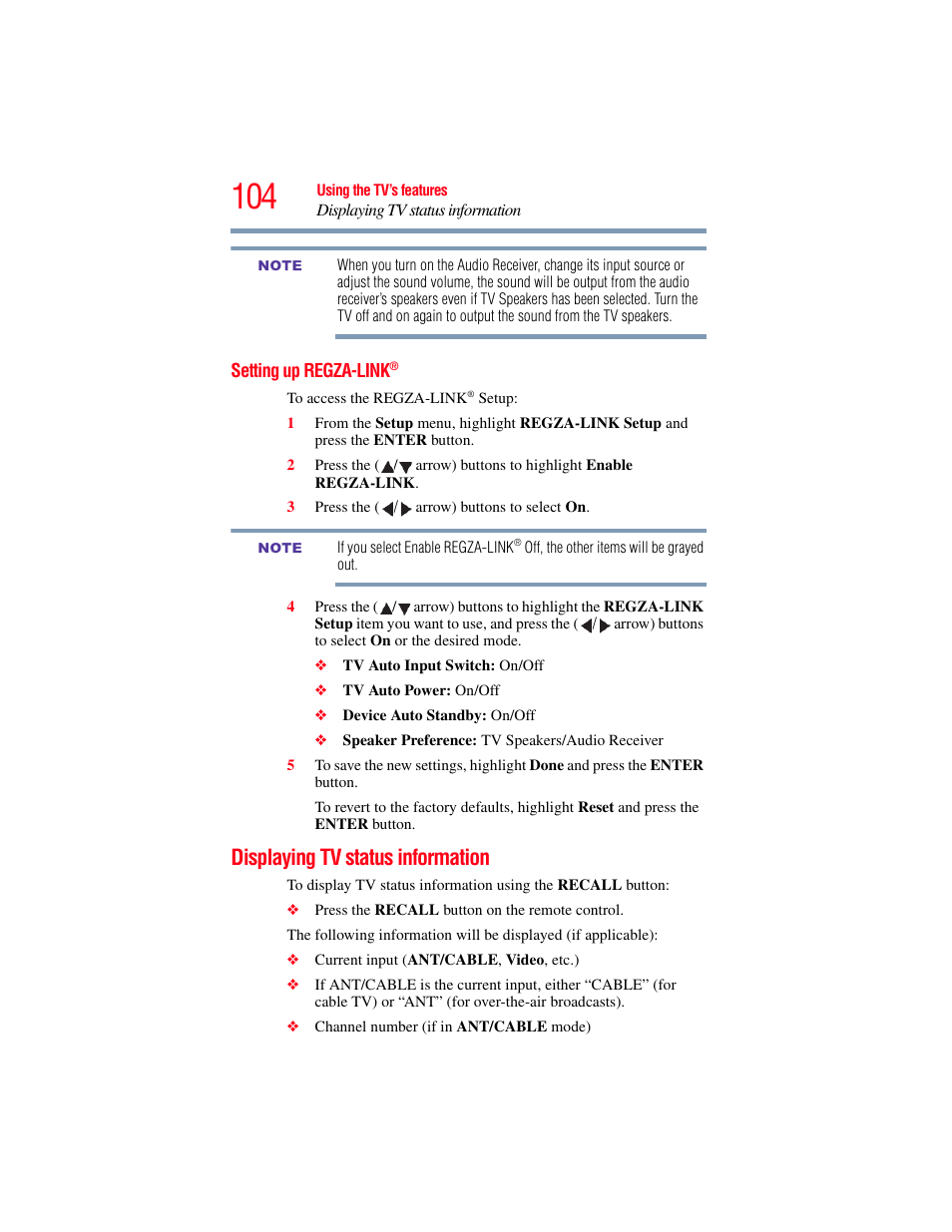 Setting up regza-link, Displaying tv status information, Displaying tv status | OxiBrands Integrated High Definition LCD Television 40E220U User Manual | Page 104 / 130