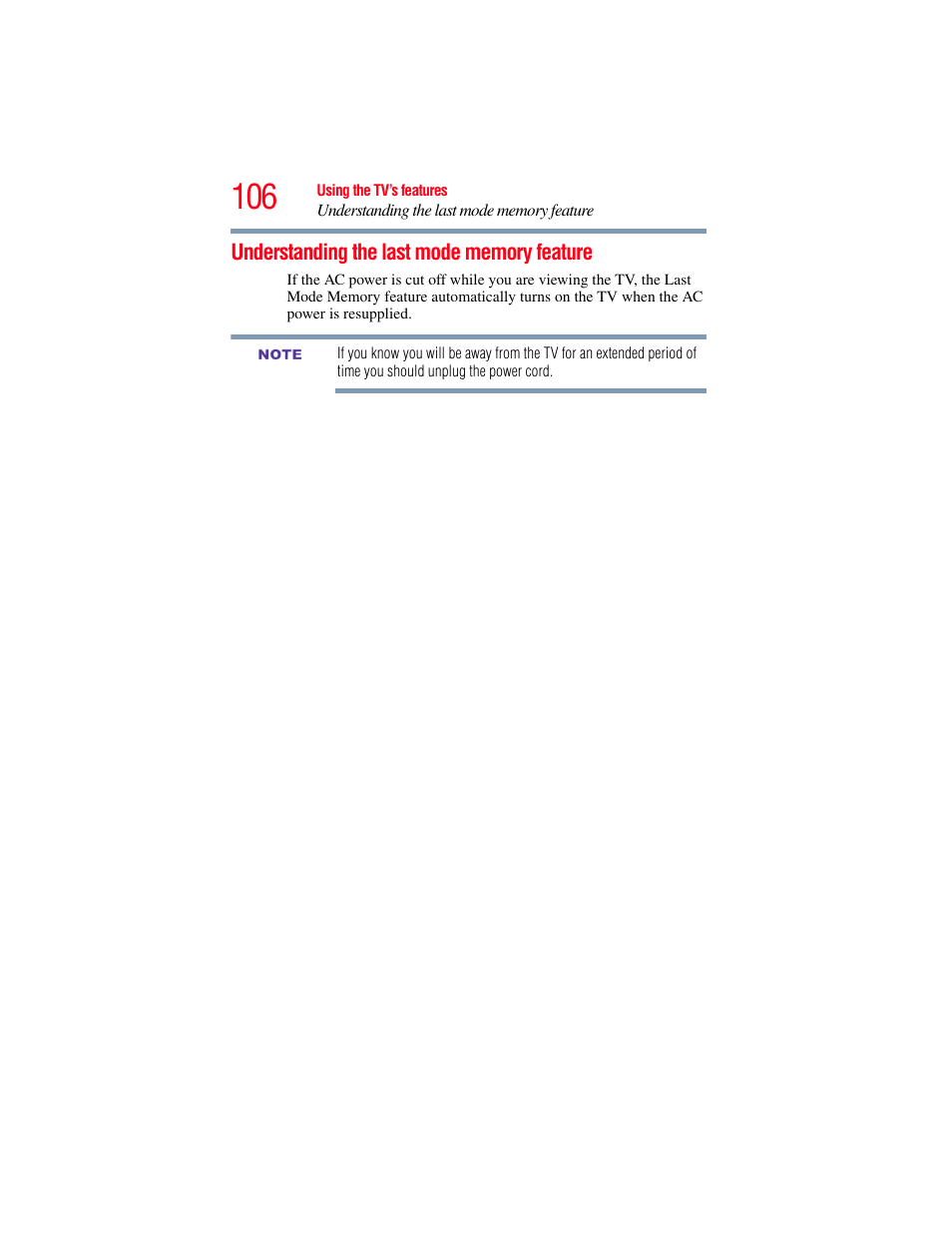 Understanding the last mode memory feature | OxiBrands Integrated High Definition LCD Television 40E220U User Manual | Page 106 / 130