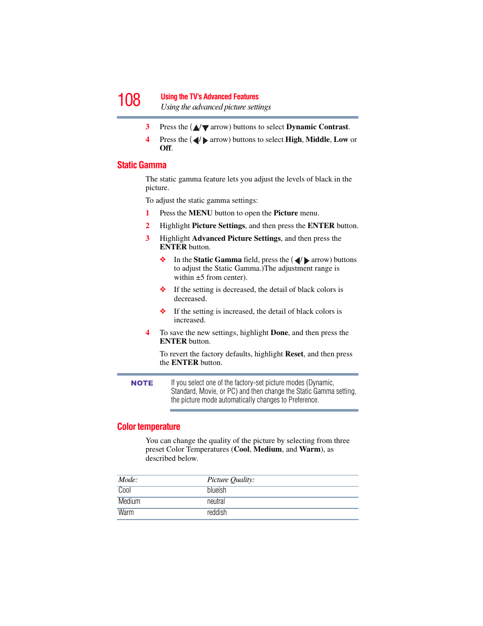 Static gamma, Color temperature, Static gamma color temperature | OxiBrands Integrated High Definition LCD Television 40E220U User Manual | Page 108 / 130