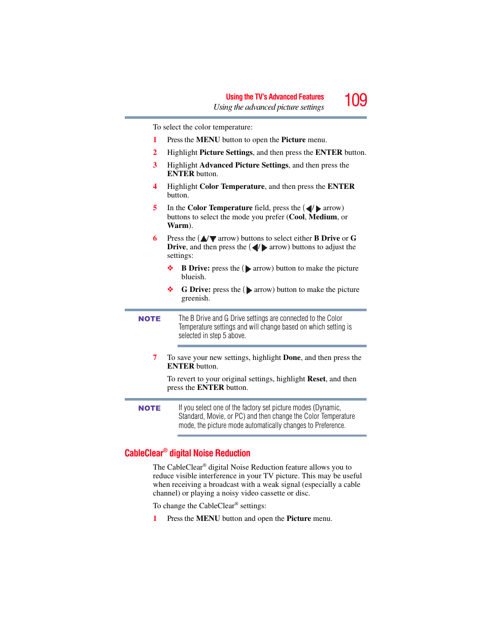 Cableclear® digital noise reduction, Cableclear, Digital noise reduction | OxiBrands Integrated High Definition LCD Television 40E220U User Manual | Page 109 / 130