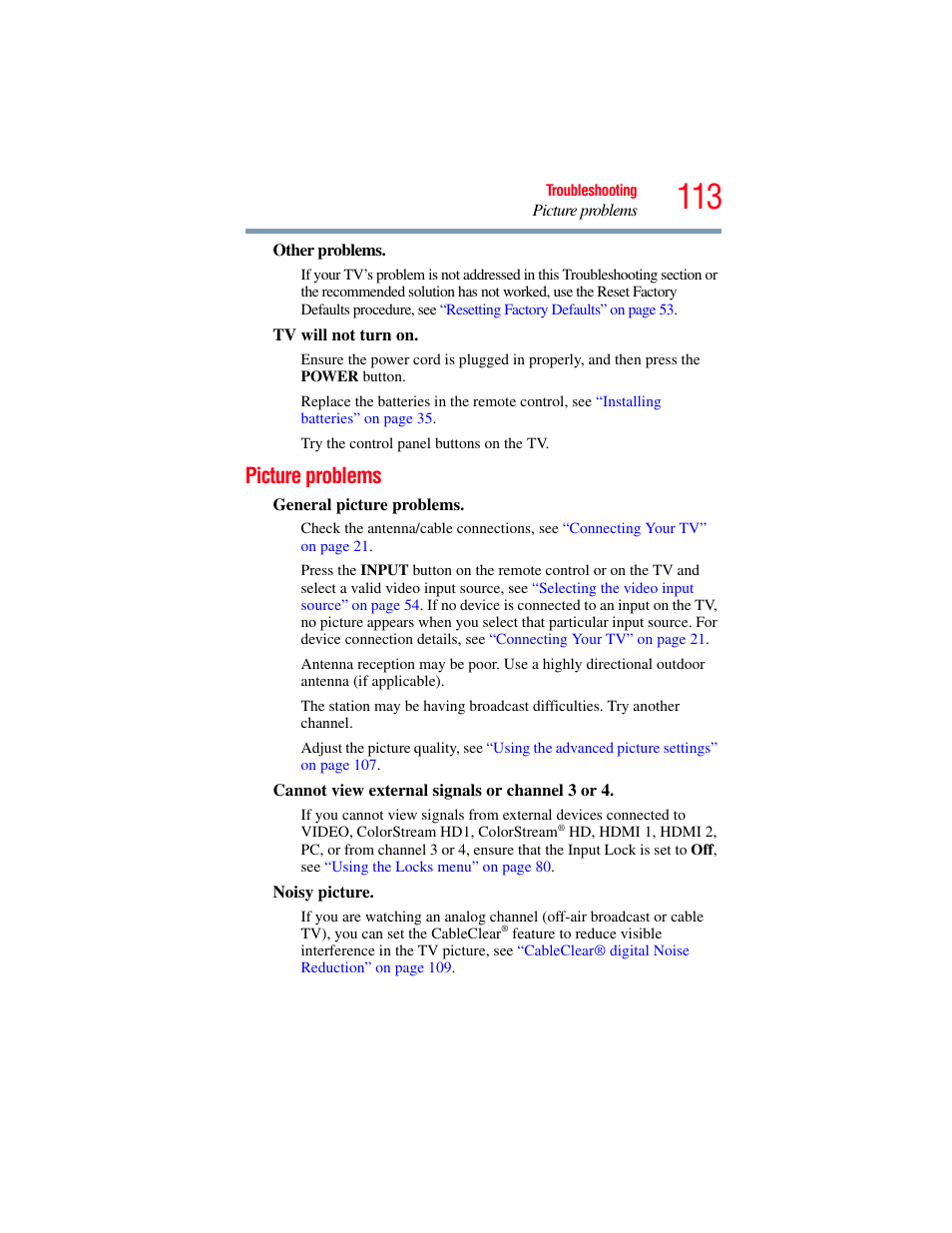 Picture problems | OxiBrands Integrated High Definition LCD Television 40E220U User Manual | Page 113 / 130