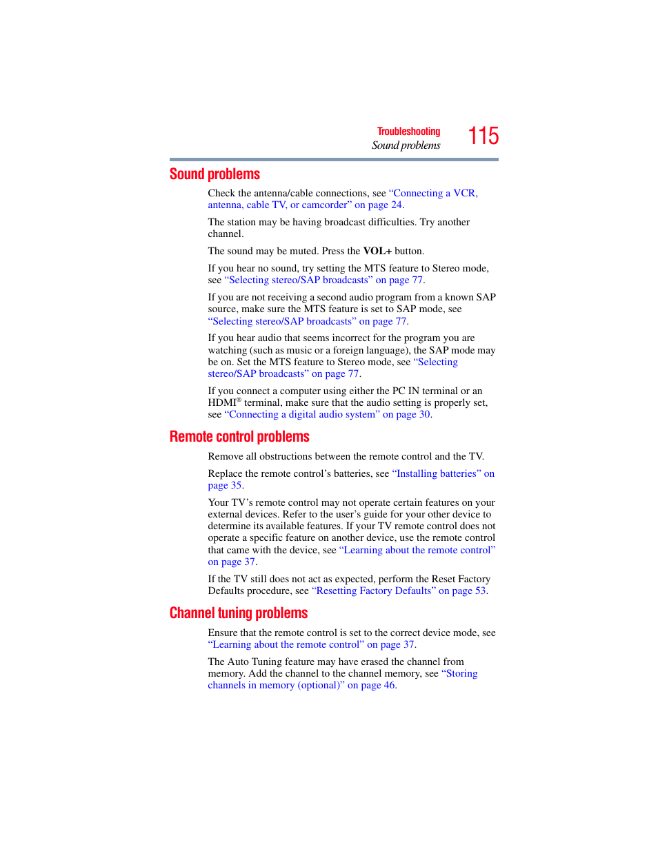 Sound problems, Remote control problems, Channel tuning problems | OxiBrands Integrated High Definition LCD Television 40E220U User Manual | Page 115 / 130