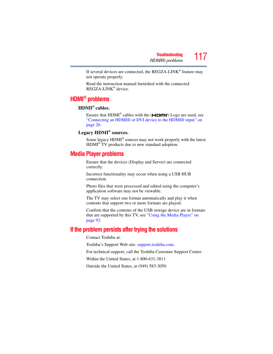 Hdmi® problems, Media player problems, If the problem persists after trying the solutions | Hdmi, Problems, Solutions | OxiBrands Integrated High Definition LCD Television 40E220U User Manual | Page 117 / 130