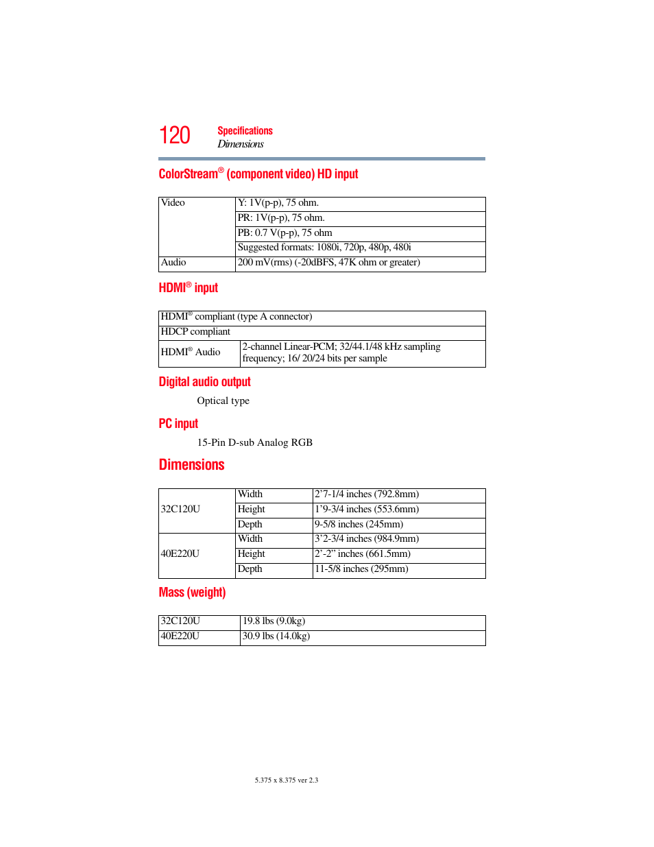 Colorstream® (component video) hd input, Hdmi® input, Digital audio output | Pc input, Dimensions, Mass (weight), Colorstream, Component video), Hd input, Hdmi | OxiBrands Integrated High Definition LCD Television 40E220U User Manual | Page 120 / 130