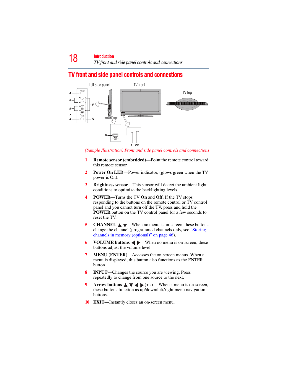 Tv front and side panel controls and connections, Tv front and side panel controls and, Connections | OxiBrands Integrated High Definition LCD Television 40E220U User Manual | Page 18 / 130