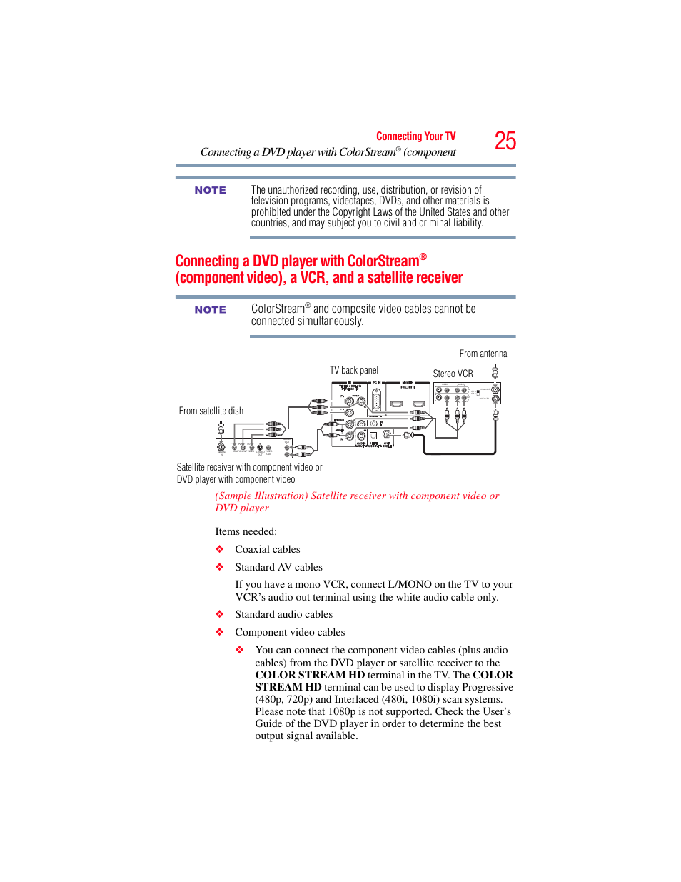 Connecting a dvd player with colorstream, Component video), a vcr, and a satellite receiver, Connecting a dvd | Component, Colorstream, Connecting your tv | OxiBrands Integrated High Definition LCD Television 40E220U User Manual | Page 25 / 130