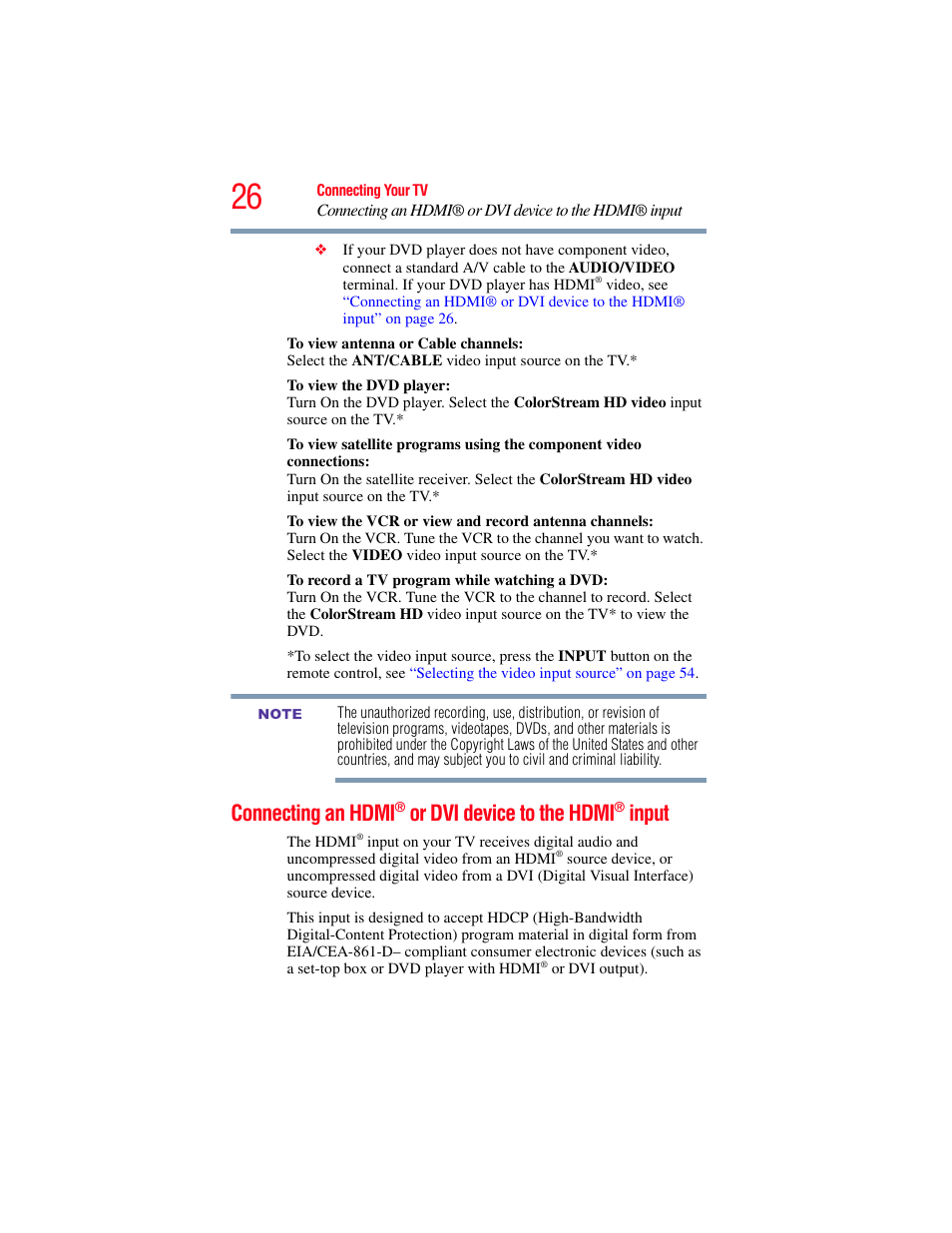 Connecting an hdmi, Or dvi device to the, Hdmi | Input, Connecting an hdmi® or dvi, Or dvi device to the hdmi | OxiBrands Integrated High Definition LCD Television 40E220U User Manual | Page 26 / 130