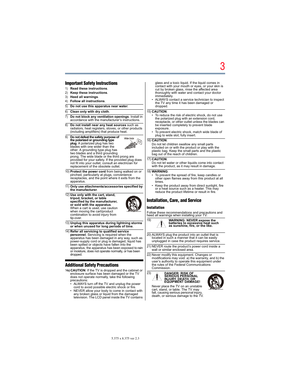 Important safety instructions, Additional safety precautions, Installation, care, and service | OxiBrands Integrated High Definition LCD Television 40E220U User Manual | Page 3 / 130