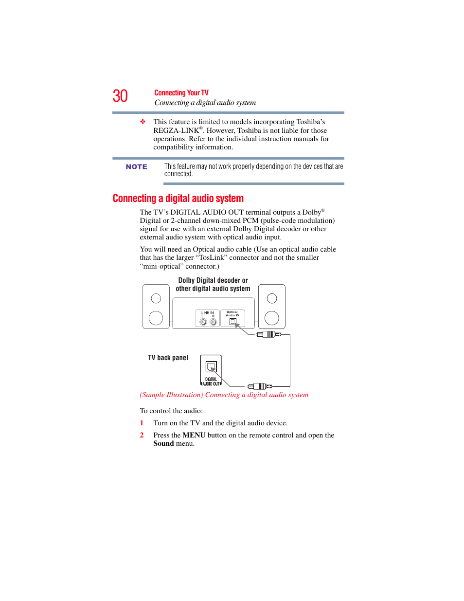 Connecting a digital audio system, Connecting a digital audio system” on | OxiBrands Integrated High Definition LCD Television 40E220U User Manual | Page 30 / 130