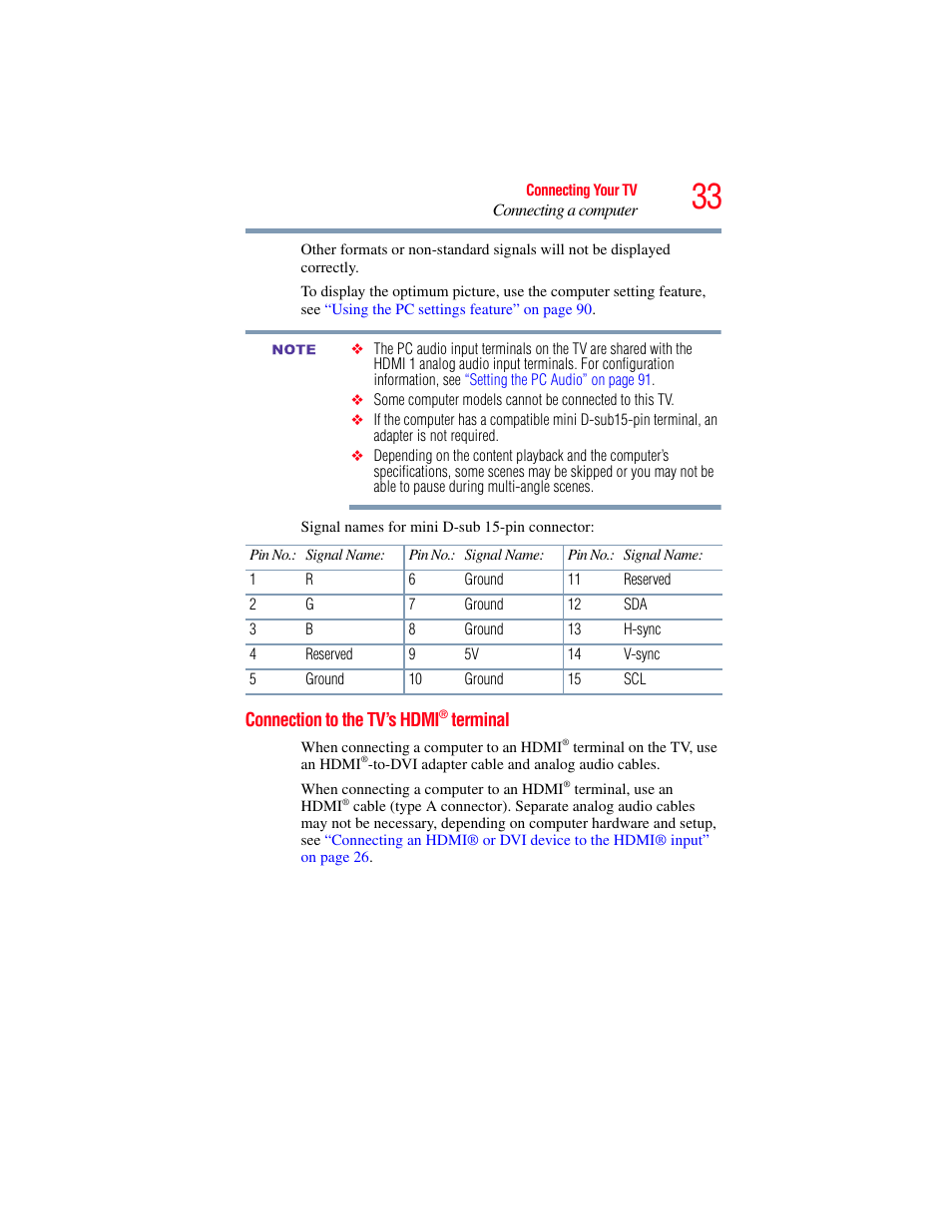 Connection to the tv’s hdmi® terminal, Connection to the tv’s hdmi, Terminal | Input, see, Connection to the | OxiBrands Integrated High Definition LCD Television 40E220U User Manual | Page 33 / 130