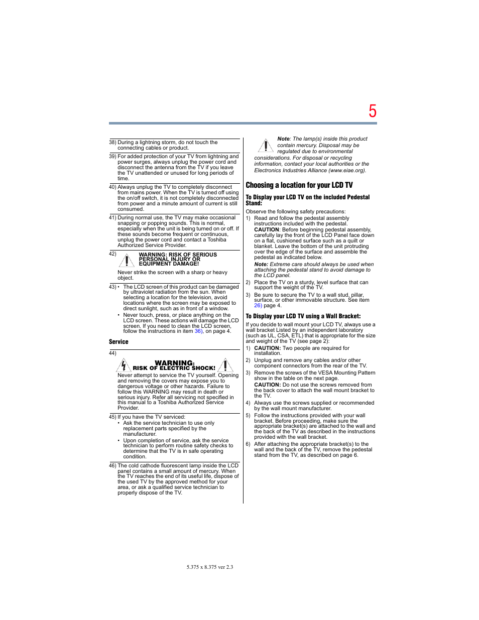 Display your lcd tv using a wall bracket:” on, Choosing a location for your lcd tv, Warning | OxiBrands Integrated High Definition LCD Television 40E220U User Manual | Page 5 / 130