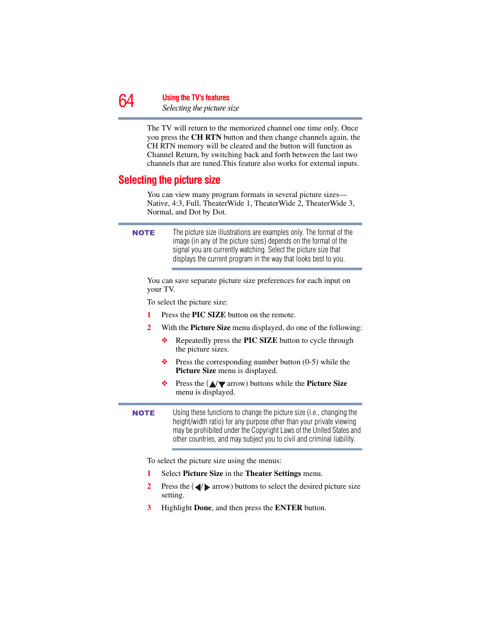 Selecting the picture size | OxiBrands Integrated High Definition LCD Television 40E220U User Manual | Page 64 / 130