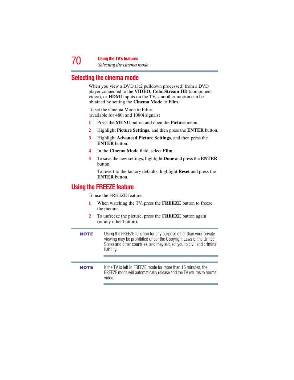 Selecting the cinema mode, Using the freeze feature, Selecting the cinema mode using the freeze feature | OxiBrands Integrated High Definition LCD Television 40E220U User Manual | Page 70 / 130