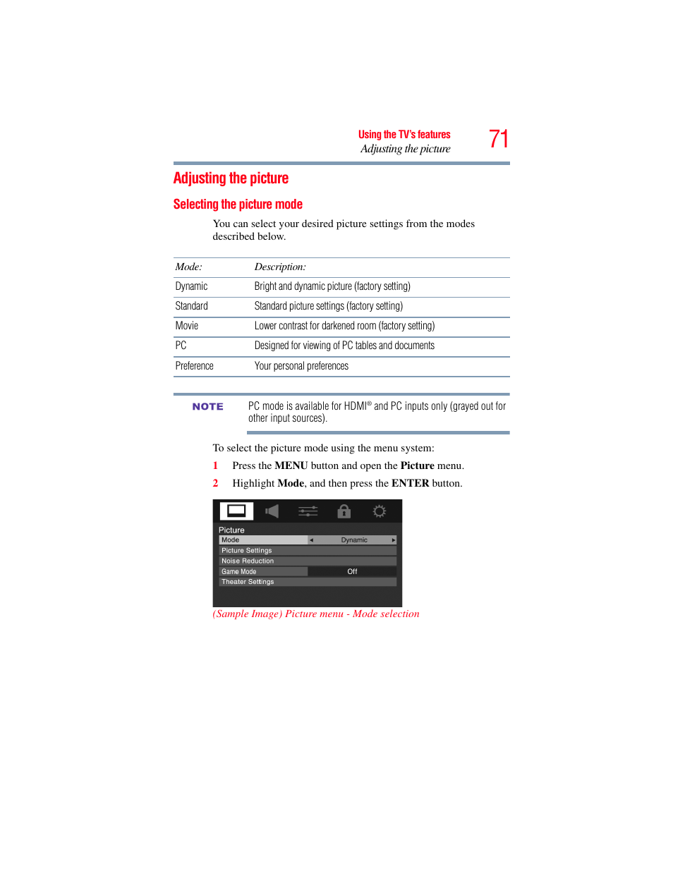 Adjusting the picture, Selecting the picture mode | OxiBrands Integrated High Definition LCD Television 40E220U User Manual | Page 71 / 130